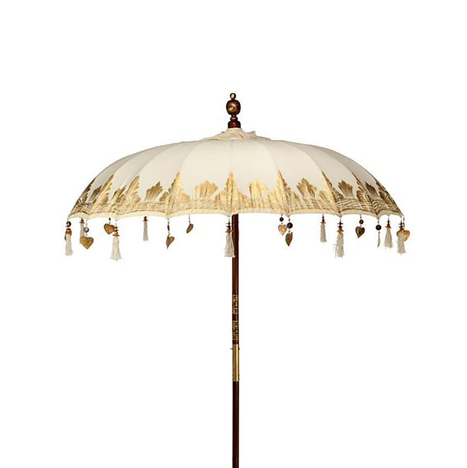 Handcrafted Decorative Parasol - Medium - Natural, open with gold-patterned edging and hanging tassels by Quintessential Holistic Health Ltd