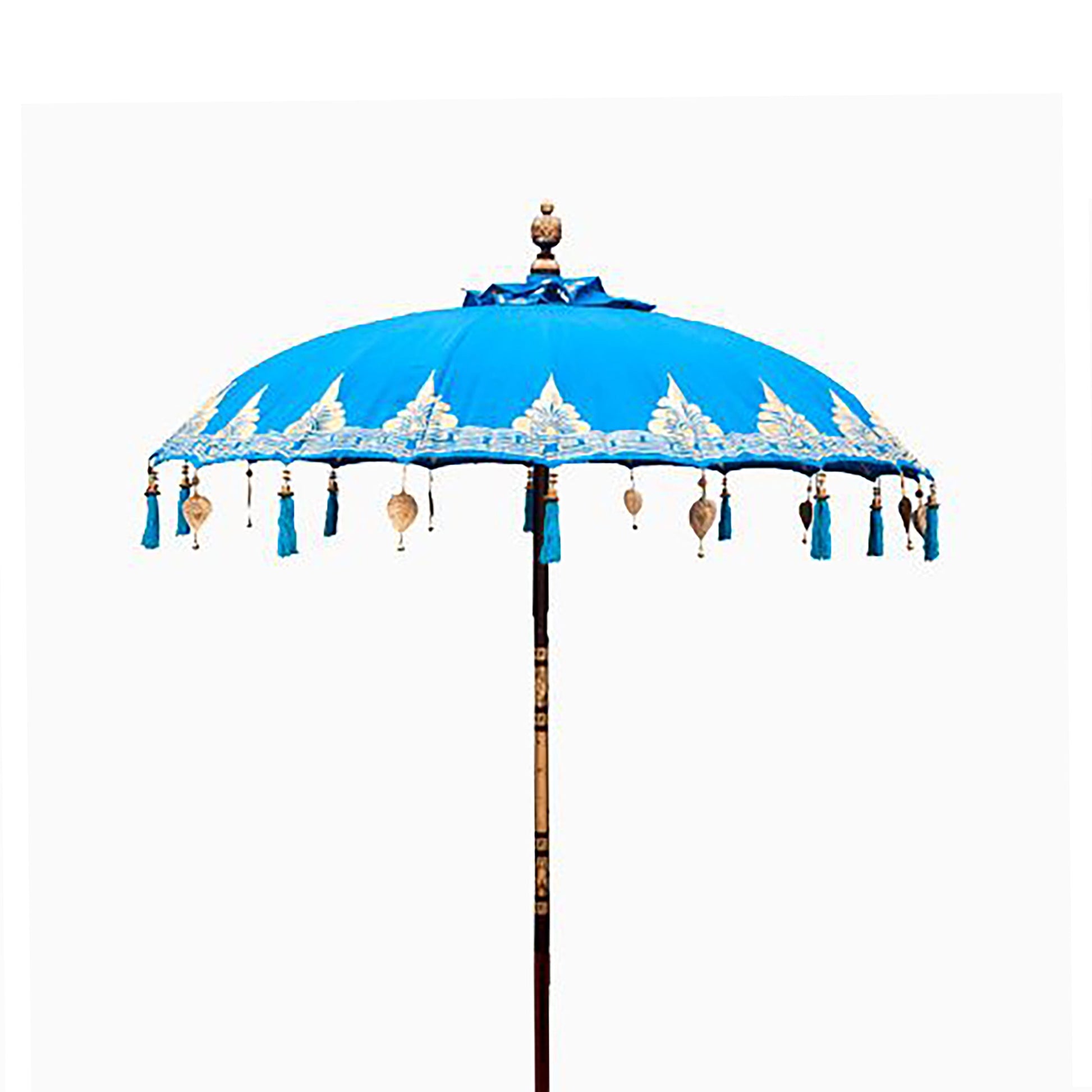 Handcrafted Decorative Parasol - Medium - Turquoise with bright blue domed canopy, white lace trim and blue tassels by Quintessential Holistic Health Ltd