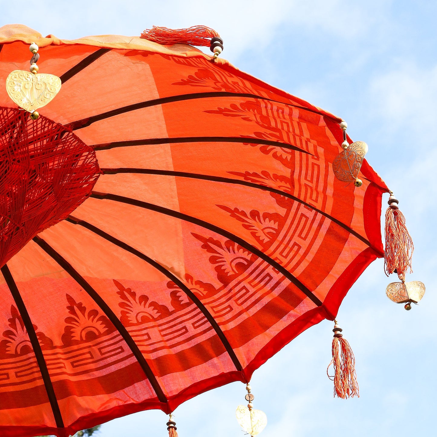 Handcrafted Decorative Parasol - Medium - Orange Decor with floral motifs, dark ribs, cream tassels and heart ornament by Quintessential Holistic Health Ltd