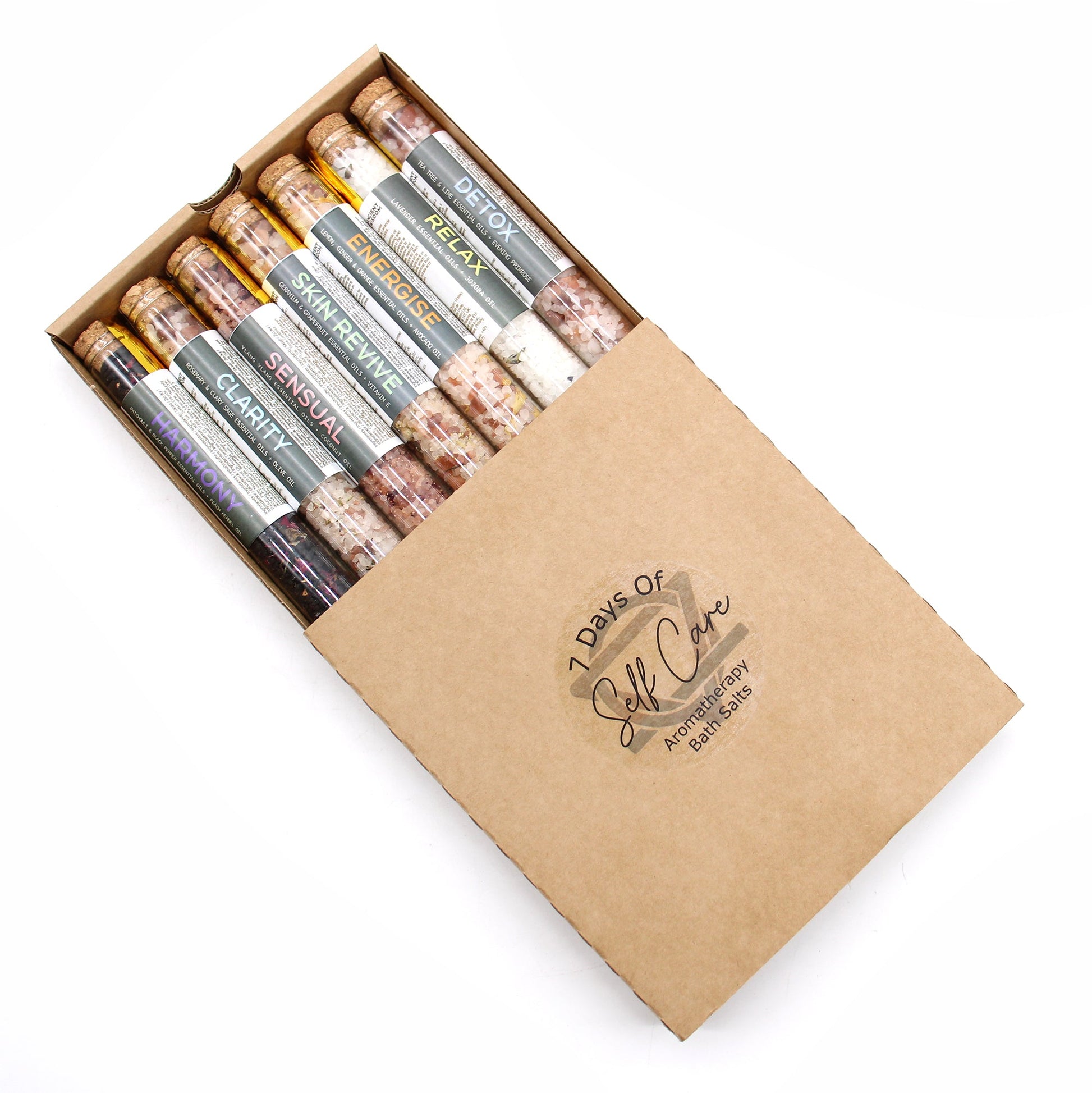 Gift Set of 7 Essential Oil Bath Salts in Vials, arranged in an open brown cardboard sleeve, by Quintessential Holistic Health Ltd