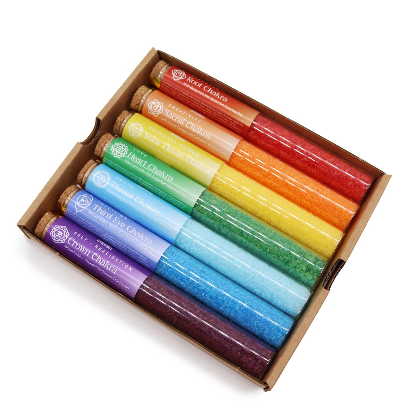 Seven Chakra Essential Oil Bath Salts Gift Set, with seven coloured tubes arranged in an open kraft box by Quintessential Holistic Health Ltd