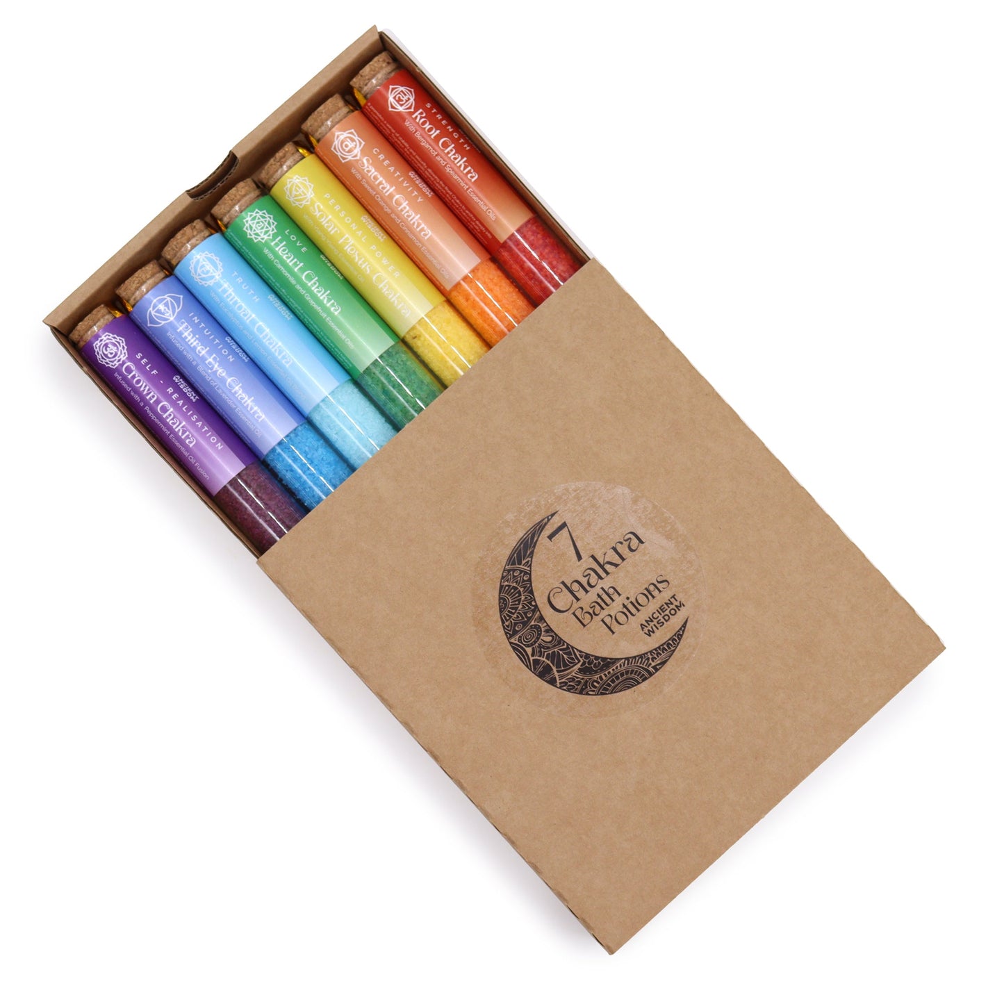 Seven Chakra Essential Oil Bath Salts Gift Set, with seven rainbow-coloured tubes in a kraft card sleeve by Quintessential Holistic Health Ltd