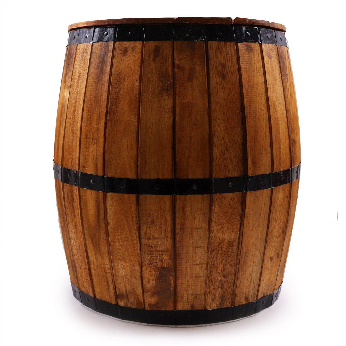 Albasia Wooden Beer Barrel Table - Natural, closed barrel with warm brown vertical slats and three black bands, by Quintessential Holistic Health Ltd