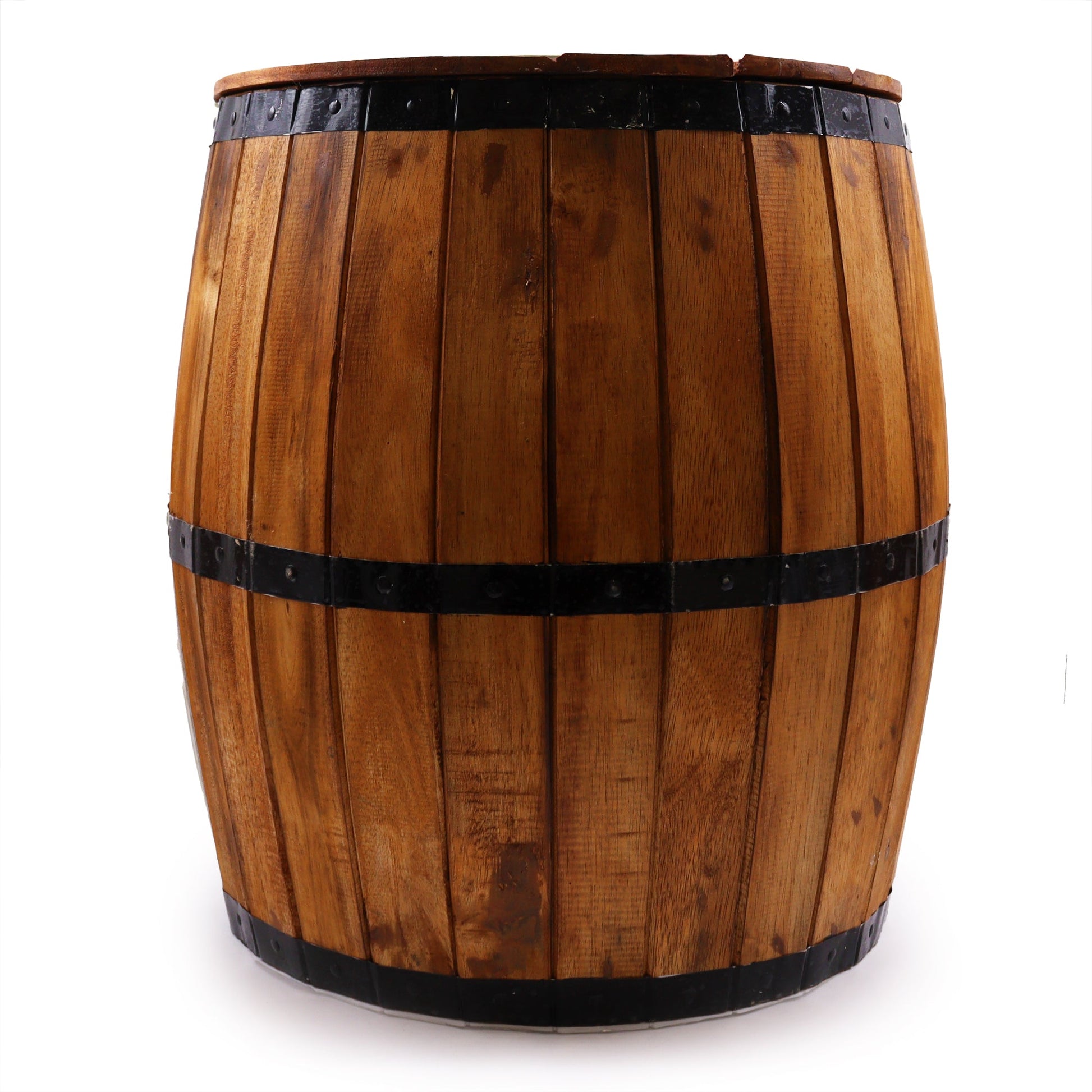 Albasia Wooden Beer Barrel Table - Natural, closed barrel with warm brown vertical slats and three black bands, by Quintessential Holistic Health Ltd