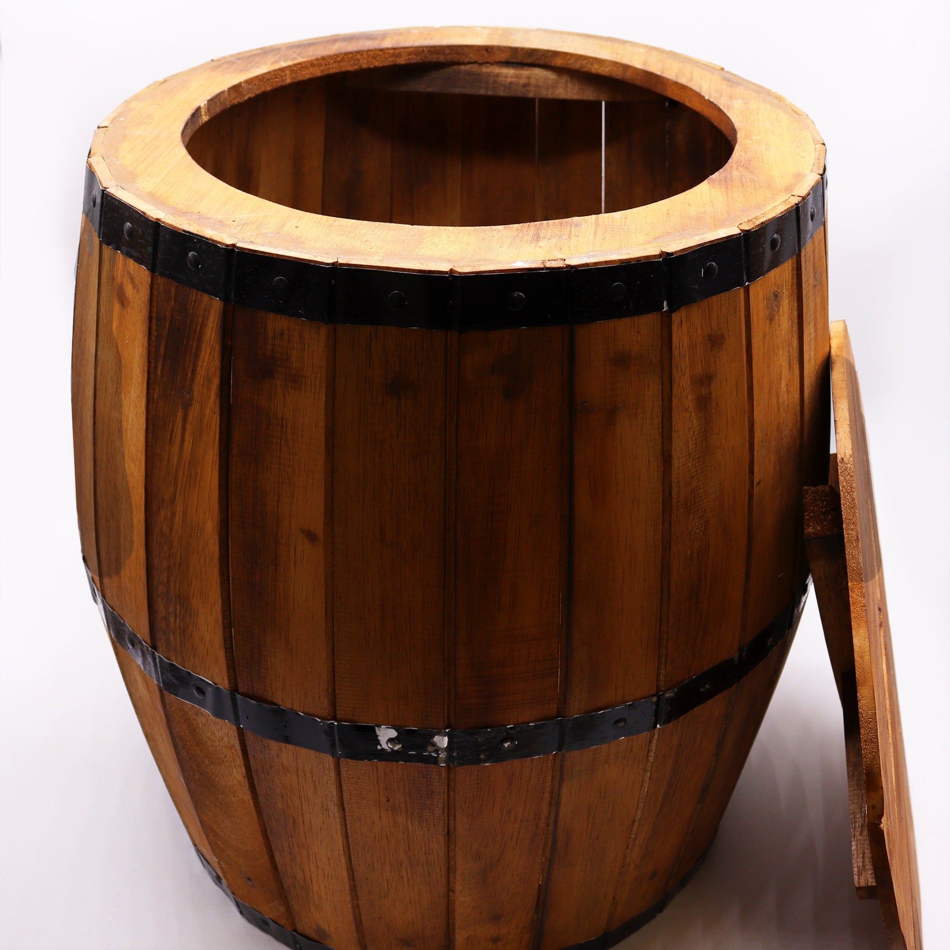 Albasia Wooden Beer Barrel Table - Natural, open barrel with its round top leaning upright against the side, by Quintessential Holistic Health Ltd