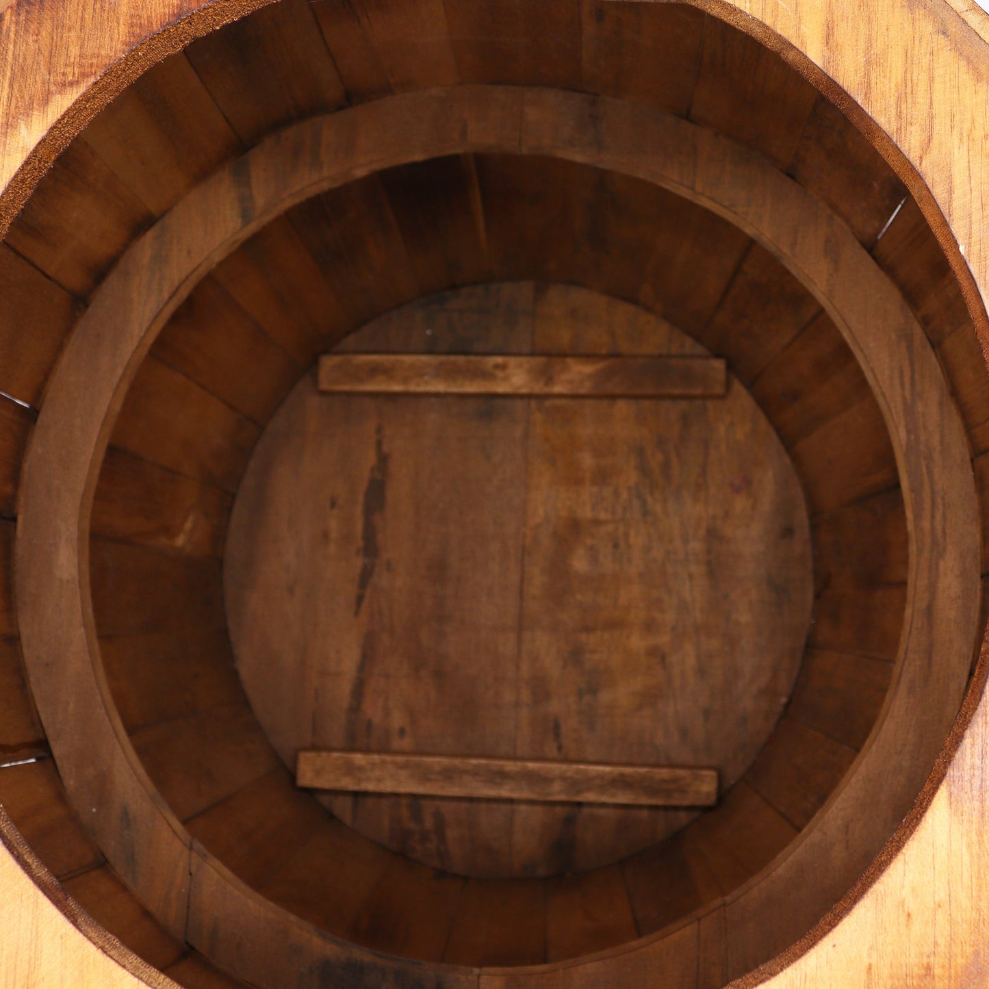 Albasia Wooden Beer Barrel Table - Natural, top-down view of the circular wooden interior and braced base, by Quintessential Holistic Health Ltd