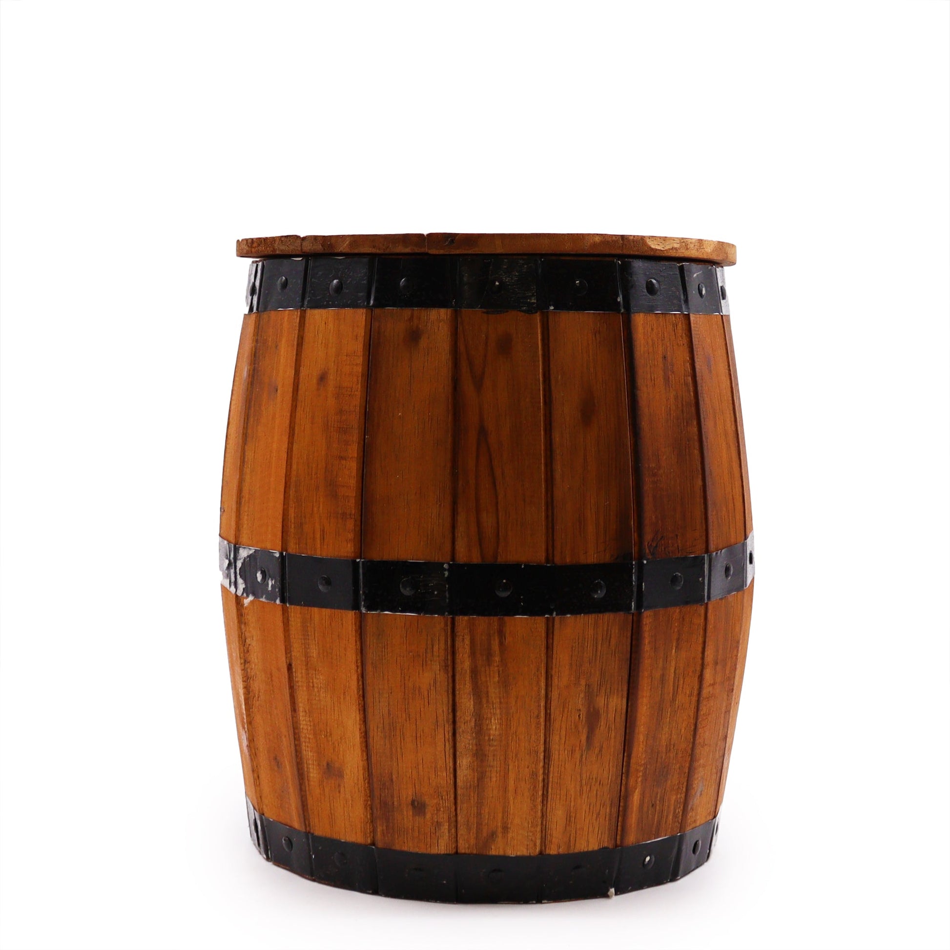 Albasia Wooden Beer Barrel Stool - Natural, closed barrel with warm brown vertical slats and three black bands, by Quintessential Holistic Health Ltd