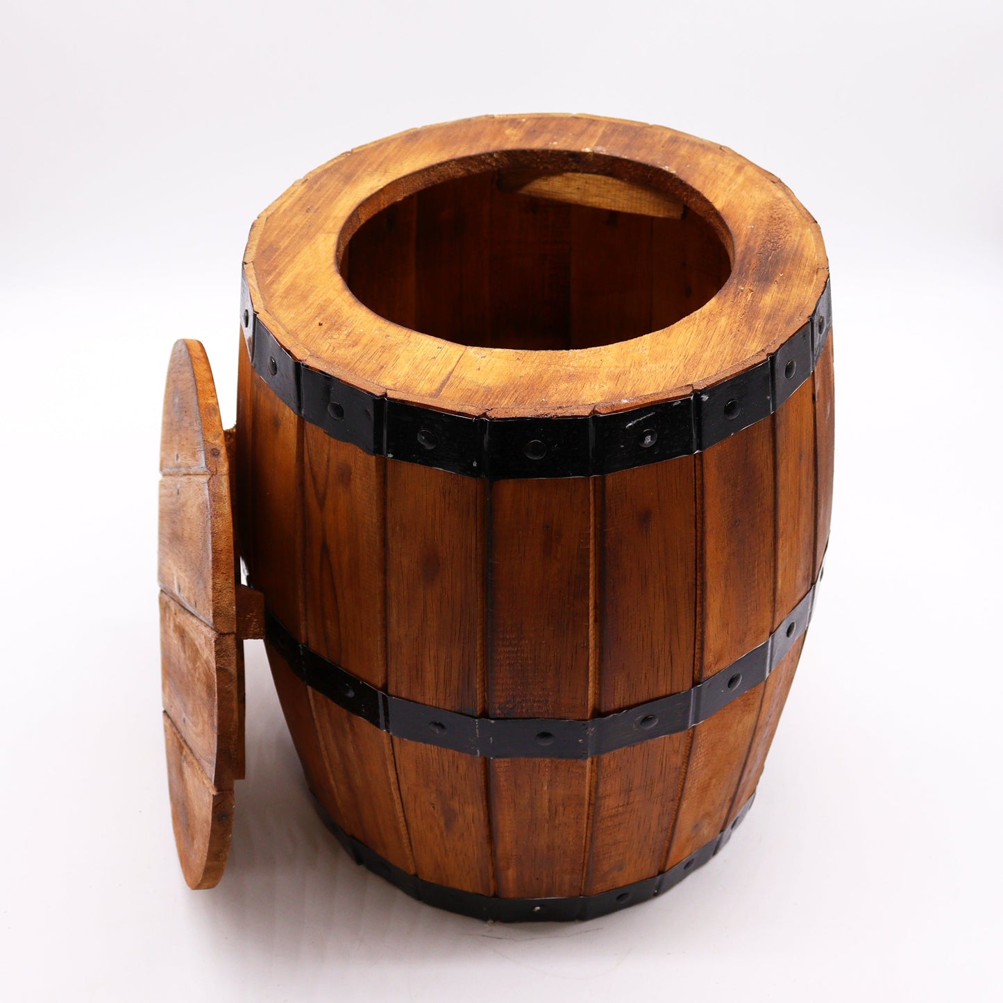 Albasia Wooden Beer Barrel Stool - Natural, open barrel with its circular lid leaning against the side, by Quintessential Holistic Health Ltd