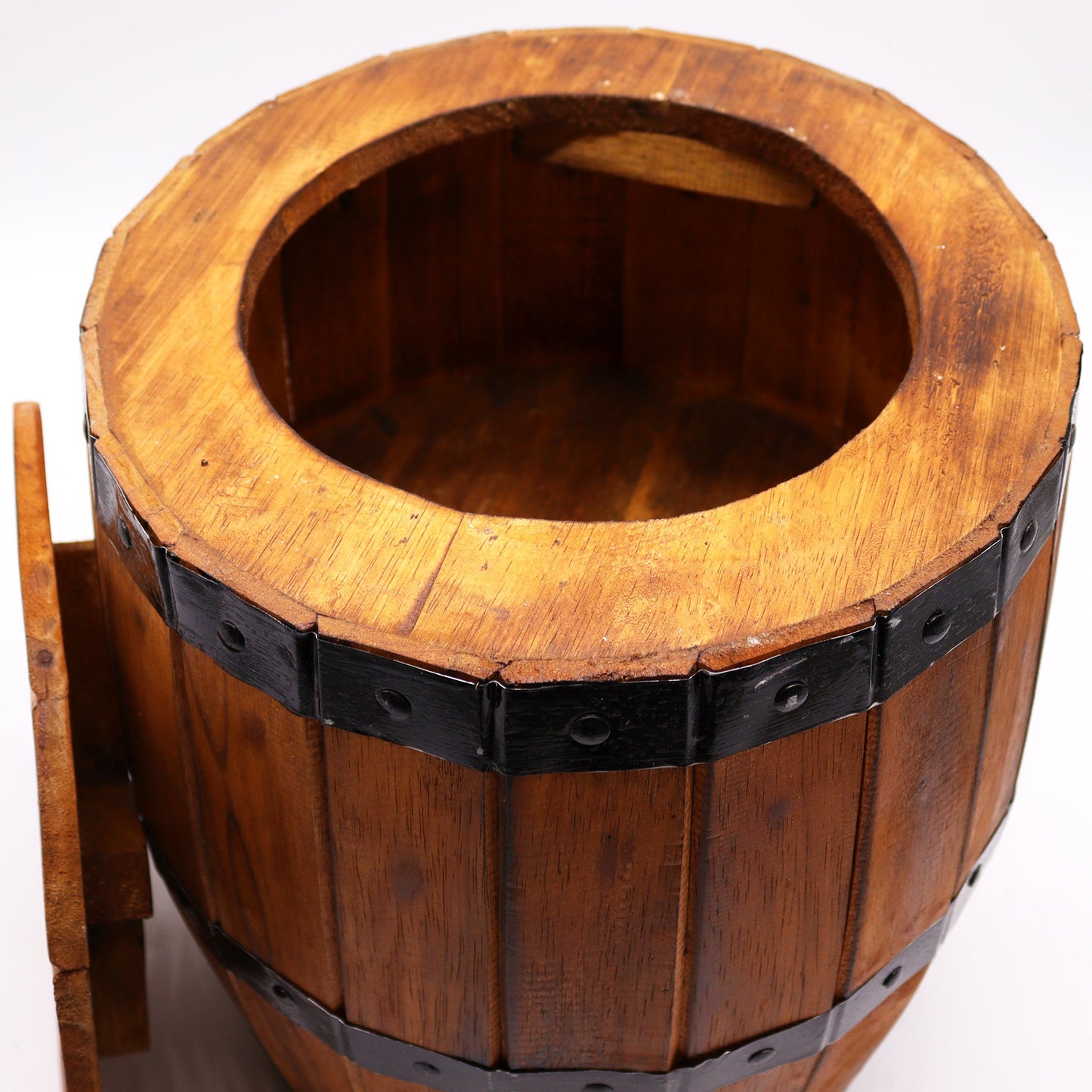 Albasia Wooden Beer Barrel Stool - Natural, close view of the open top, thick wooden rim and black metal band, by Quintessential Holistic Health Ltd