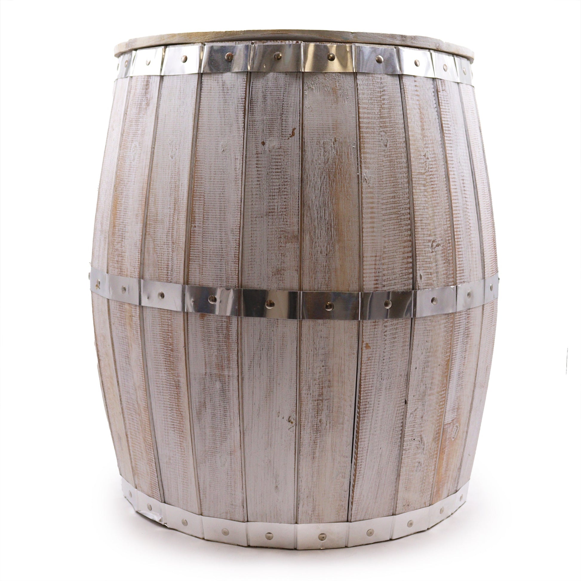 Albasia Wooden Beer Barrel Table - Whitewash, closed barrel with pale vertical slats and three silver-coloured bands, by Quintessential Holistic Health Ltd