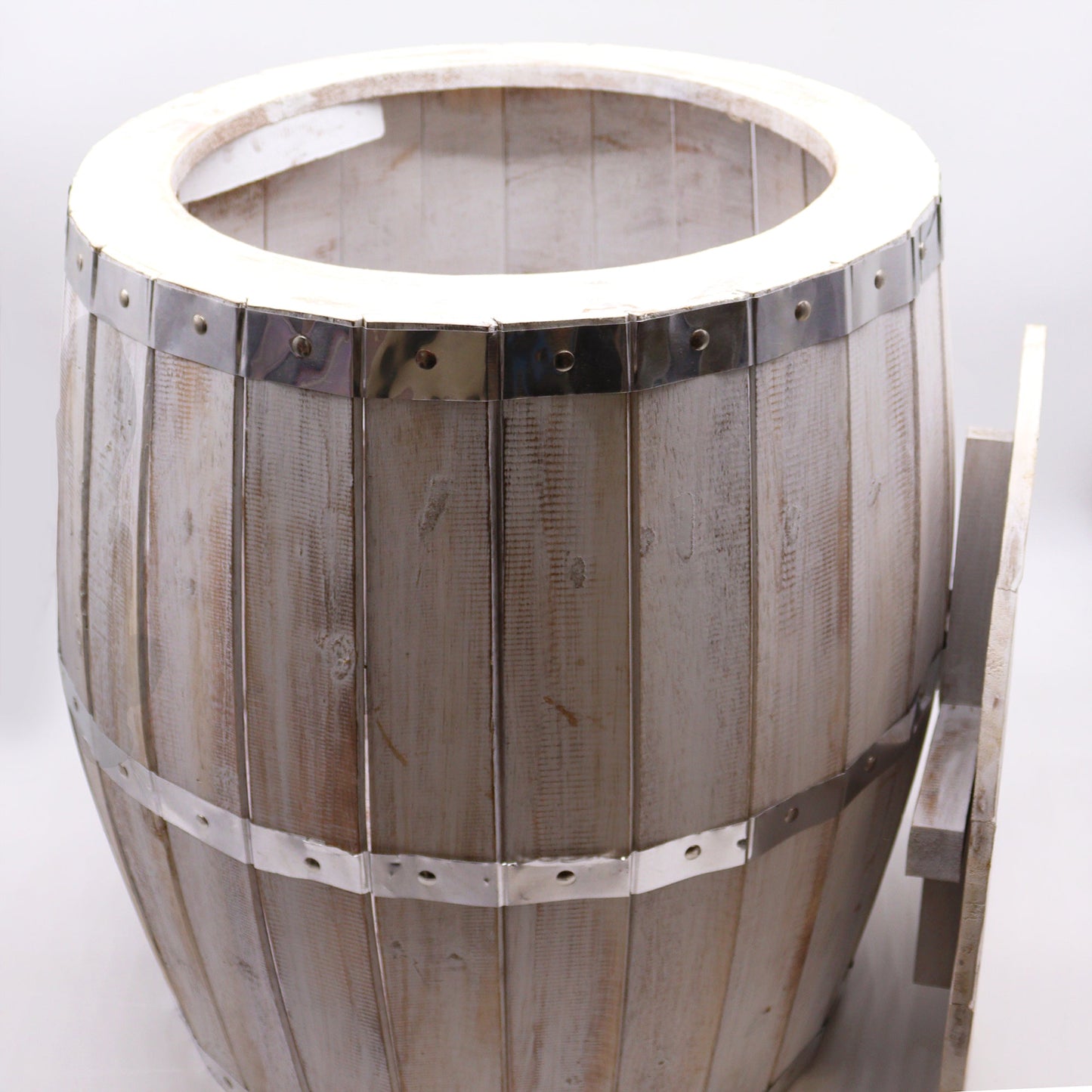 Albasia Wooden Beer Barrel Table - Whitewash, open barrel with its circular top leaning upright beside it, by Quintessential Holistic Health Ltd