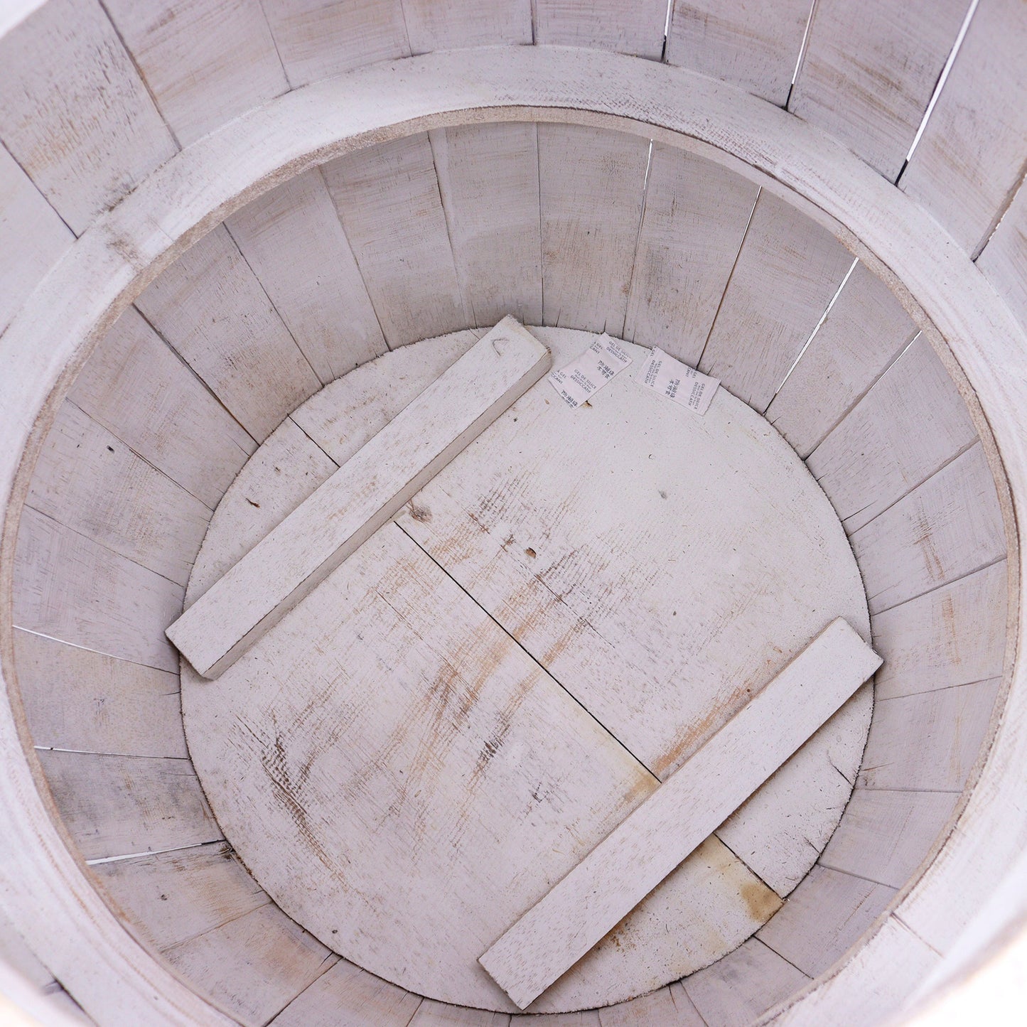 Albasia Wooden Beer Barrel Table - Whitewash, top-down view of the pale circular interior and braced base, by Quintessential Holistic Health Ltd