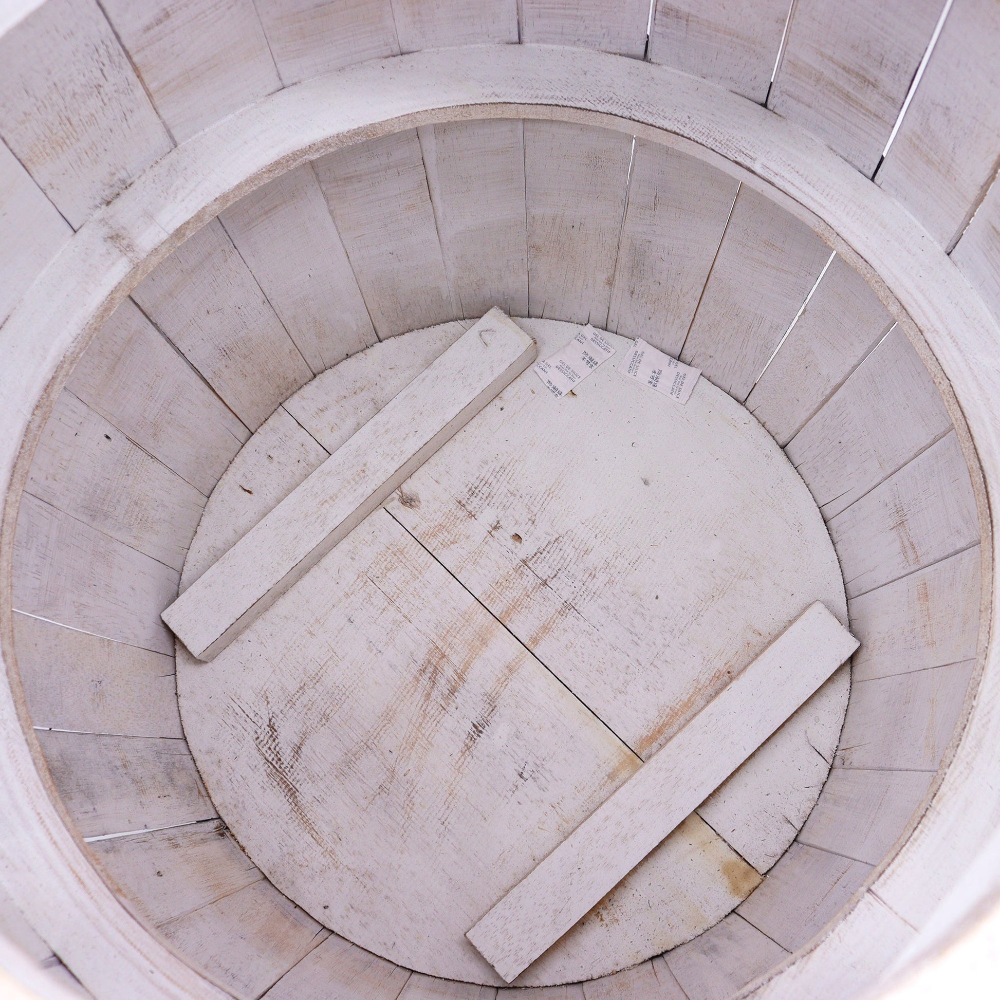 Albasia Wooden Beer Barrel Table - Whitewash, top-down view of the pale circular interior and braced base, by Quintessential Holistic Health Ltd