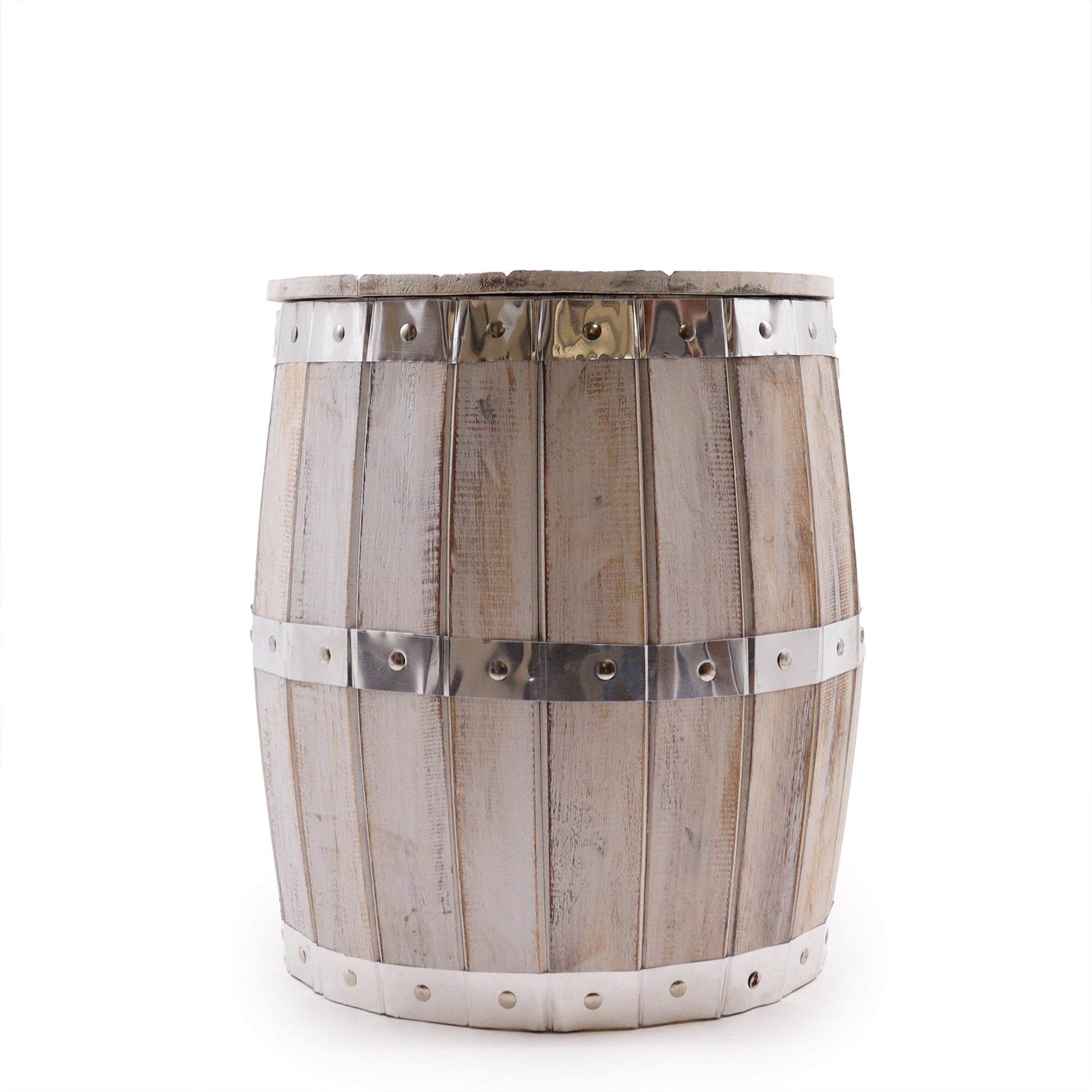 Albasia Wooden Beer Barrel Stool - Whitewash, closed barrel with pale vertical slats and three silver-coloured bands, by Quintessential Holistic Health Ltd