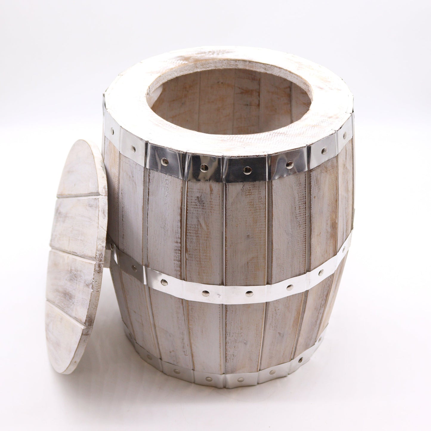 Albasia Wooden Beer Barrel Stool - Whitewash, open barrel with its circular lid propped against the side, by Quintessential Holistic Health Ltd