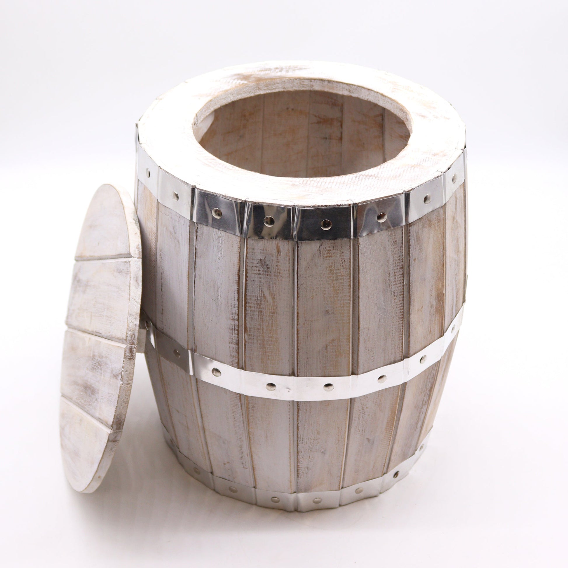 Albasia Wooden Beer Barrel Stool - Whitewash, open barrel with its circular lid propped against the side, by Quintessential Holistic Health Ltd