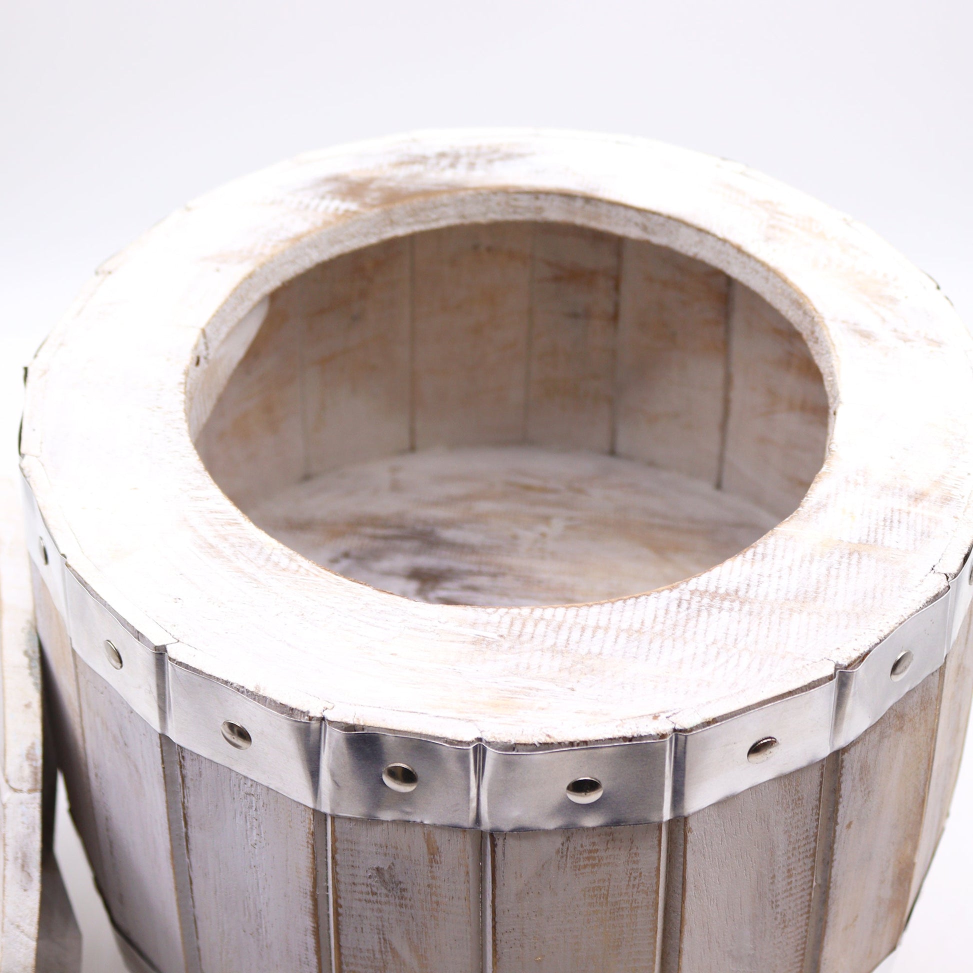 Albasia Wooden Beer Barrel Stool - Whitewash, close view of the open top with a broad pale rim and silver-coloured band, by Quintessential Holistic Health Ltd