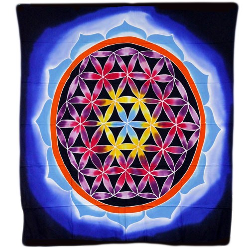 Handmade Batik Wall Art - Flower of Life and Love, vibrant circular geometric flower design in pink, yellow, blue and black, by Quintessential Holistic Health Ltd