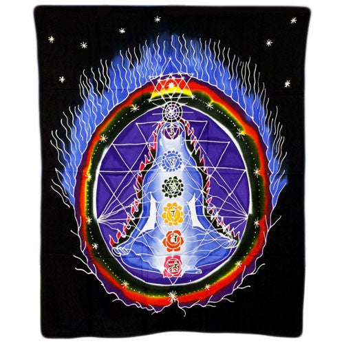 Rayon Batik Wall Art - Chakra Connections, 106 × 90 cm with a seated figure, chakra symbols and a rainbow aura on black by Quintessential Holistic Health Ltd