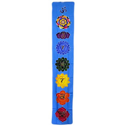 Rayon Batik Drop Banner - Chakra Sky Blue, 183 × 35 cm with seven chakra symbols in coloured panels on a blue strip by Quintessential Holistic Health Ltd