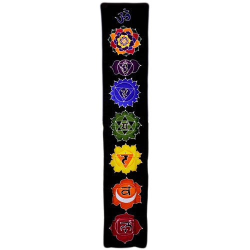 Rayon Batik Drop Banner - Chakra Midnight, 183 × 35 cm with seven coloured chakra symbols arranged vertically on black by Quintessential Holistic Health Ltd