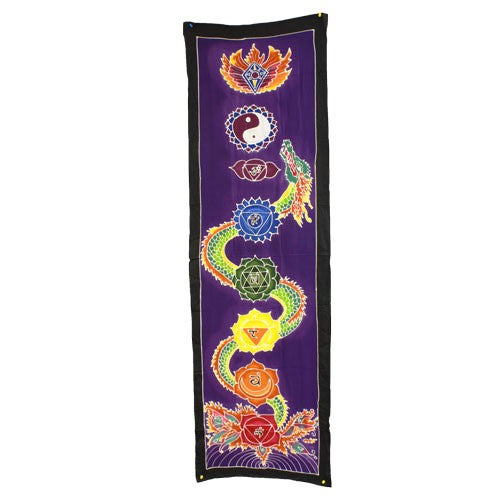 Rayon Batik Drop Banner - Chakra Dragon, 175 × 53 cm with multicoloured chakra symbols and a winding dragon on purple by Quintessential Holistic Health Ltd