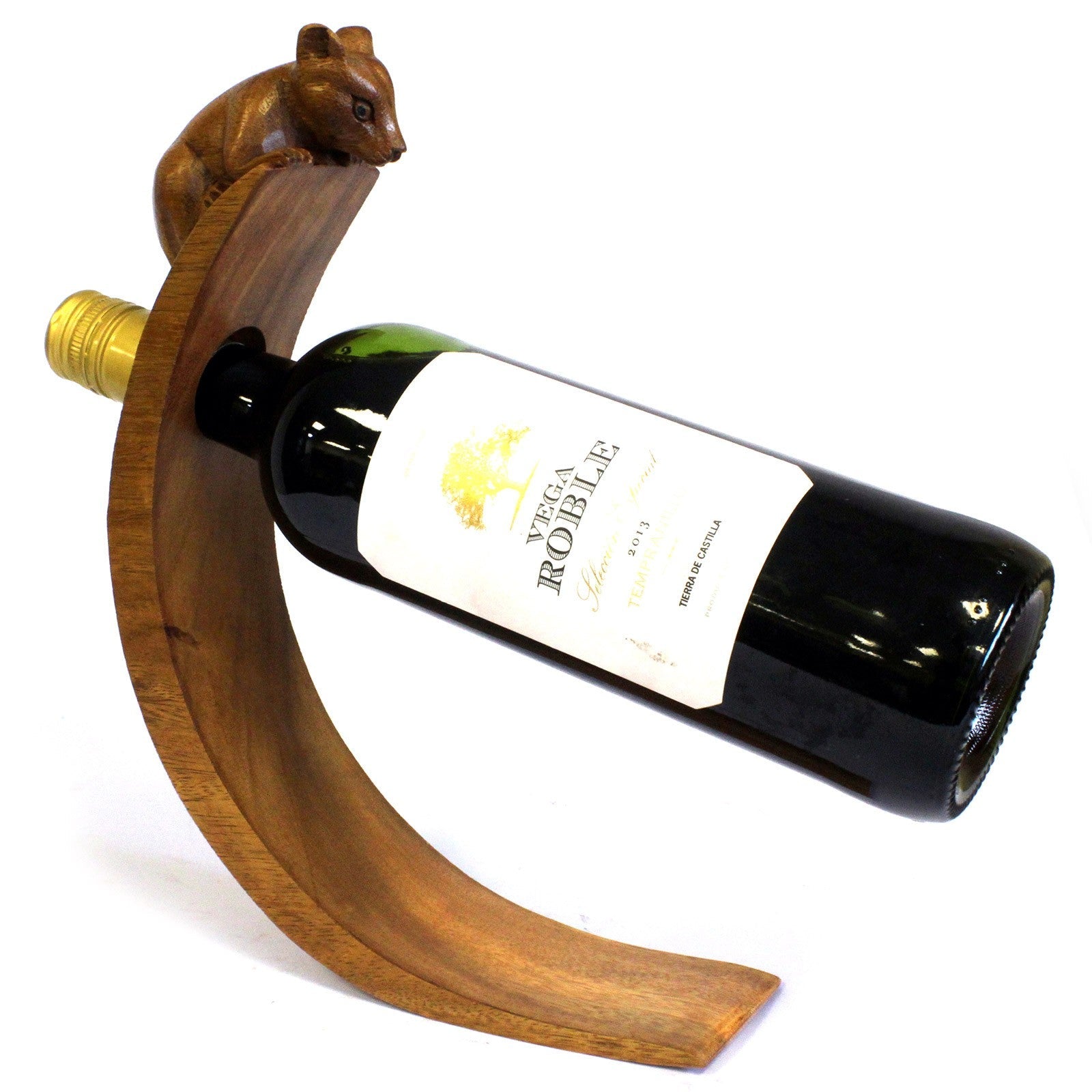 Mouse - Handmade High Quality Suar Wood Balancing Animal Wine Bottle Holder product packaging on clean background from Quintessential Holistic Health Ltd