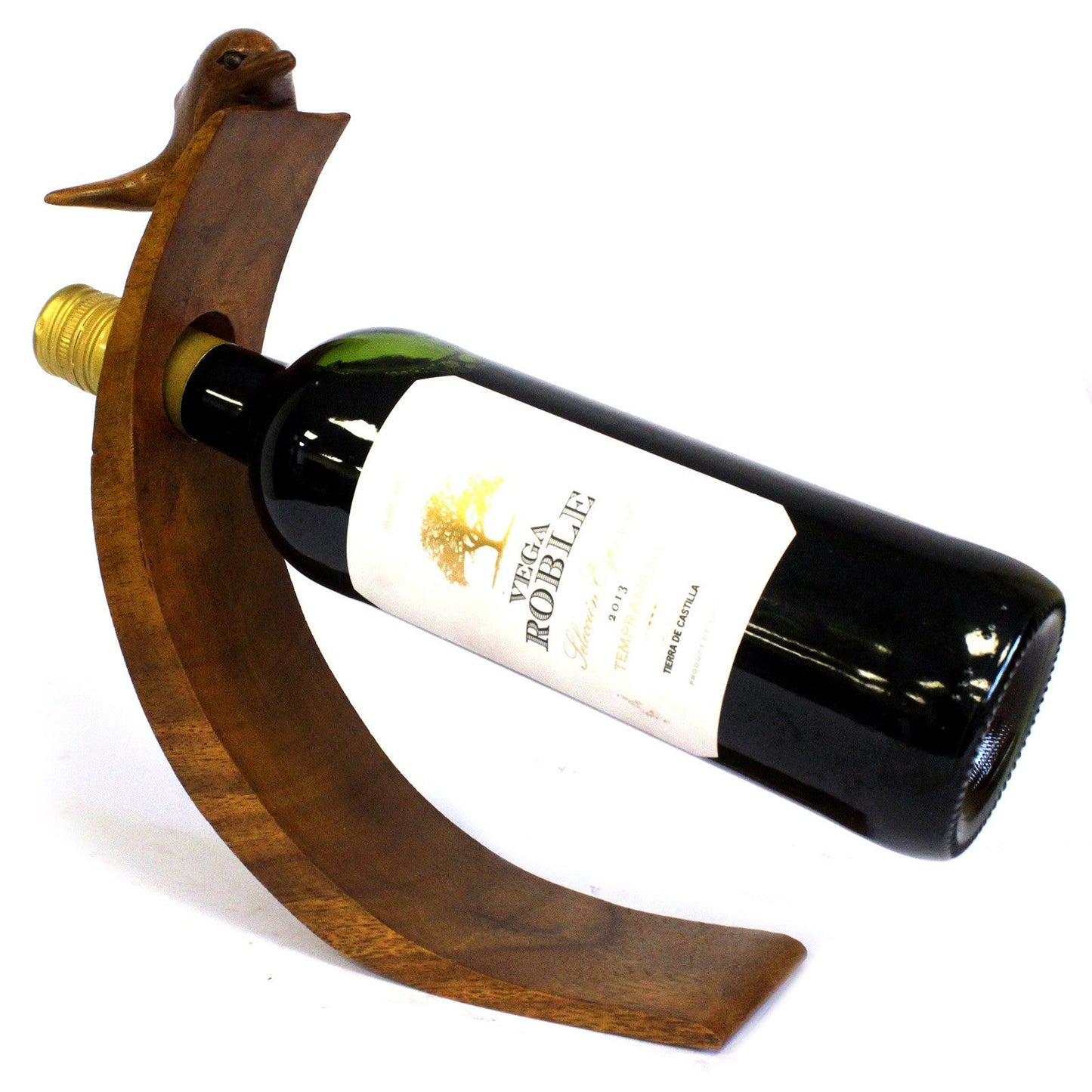 Dolphin - Handmade High Quality Suar Wood Balancing Animal Wine Bottle Holder product packaging on clean background from Quintessential Holistic Health Ltd