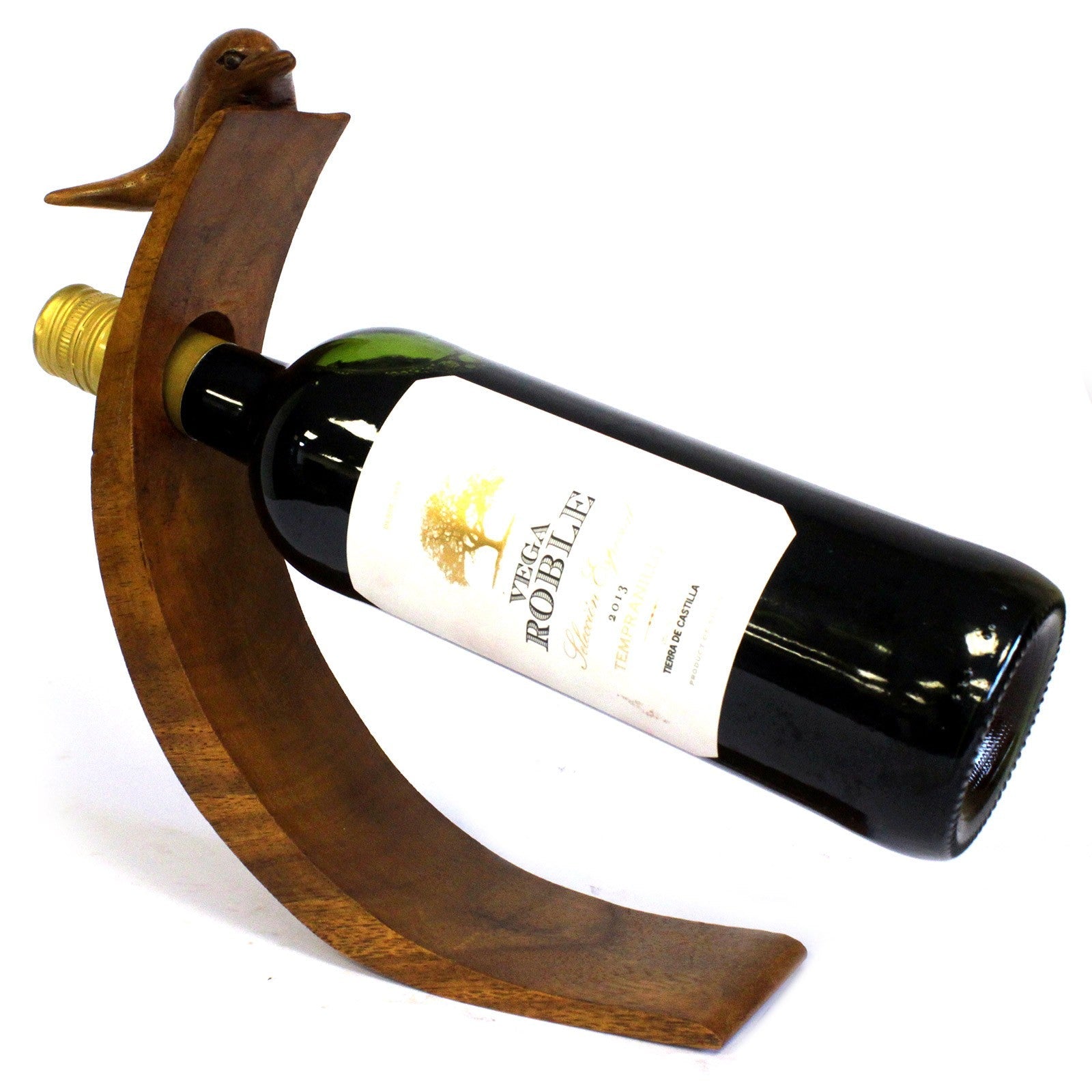 Dolphin - Handmade High Quality Suar Wood Balancing Animal Wine Bottle Holder product packaging on clean background from Quintessential Holistic Health Ltd