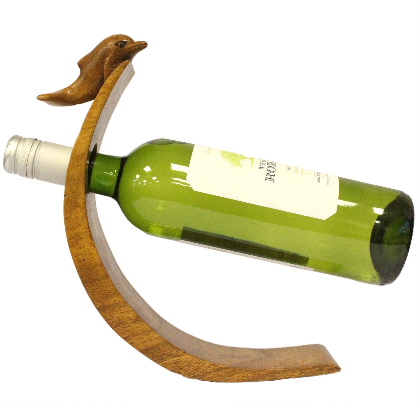 Dolphin - Handmade High Quality Suar Wood Balancing Animal Wine Bottle Holder product packaging on clean background from Quintessential Holistic Health Ltd