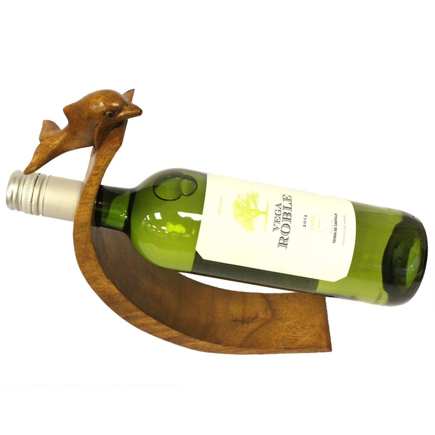 Dolphin - Handmade High Quality Suar Wood Balancing Animal Wine Bottle Holder product packaging on clean background from Quintessential Holistic Health Ltd