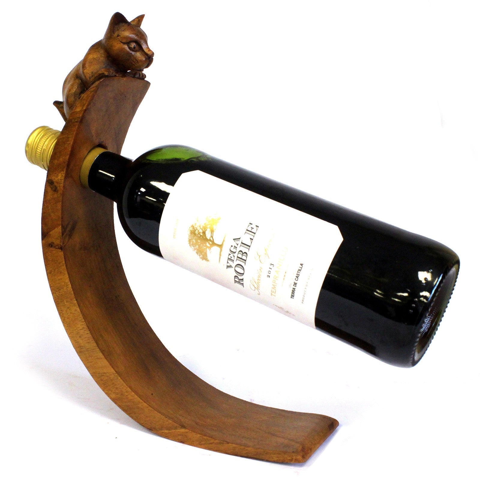 Cat - Handmade High Quality Suar Wood Balancing Animal Wine Bottle Holder product packaging on clean background from Quintessential Holistic Health Ltd