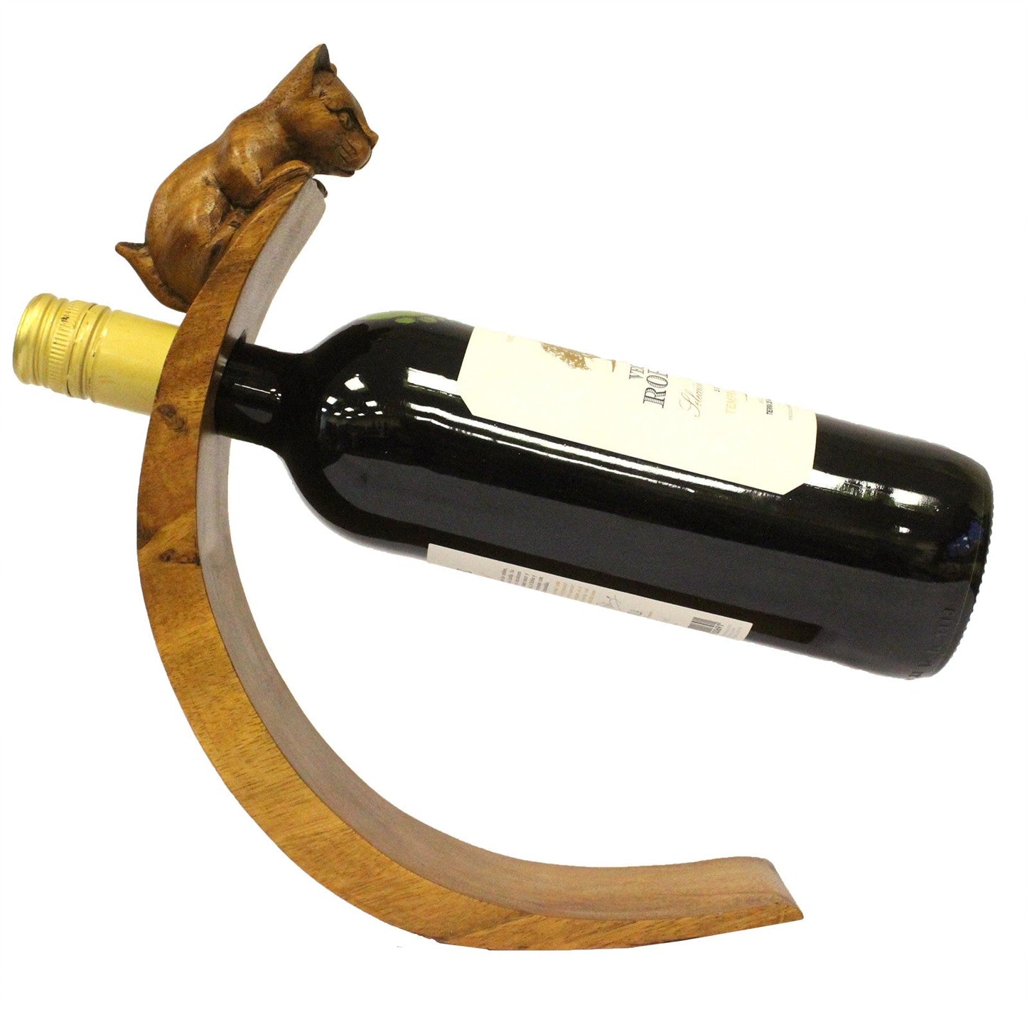 Cat - Handmade High Quality Suar Wood Balancing Animal Wine Bottle Holder product packaging on clean background from Quintessential Holistic Health Ltd