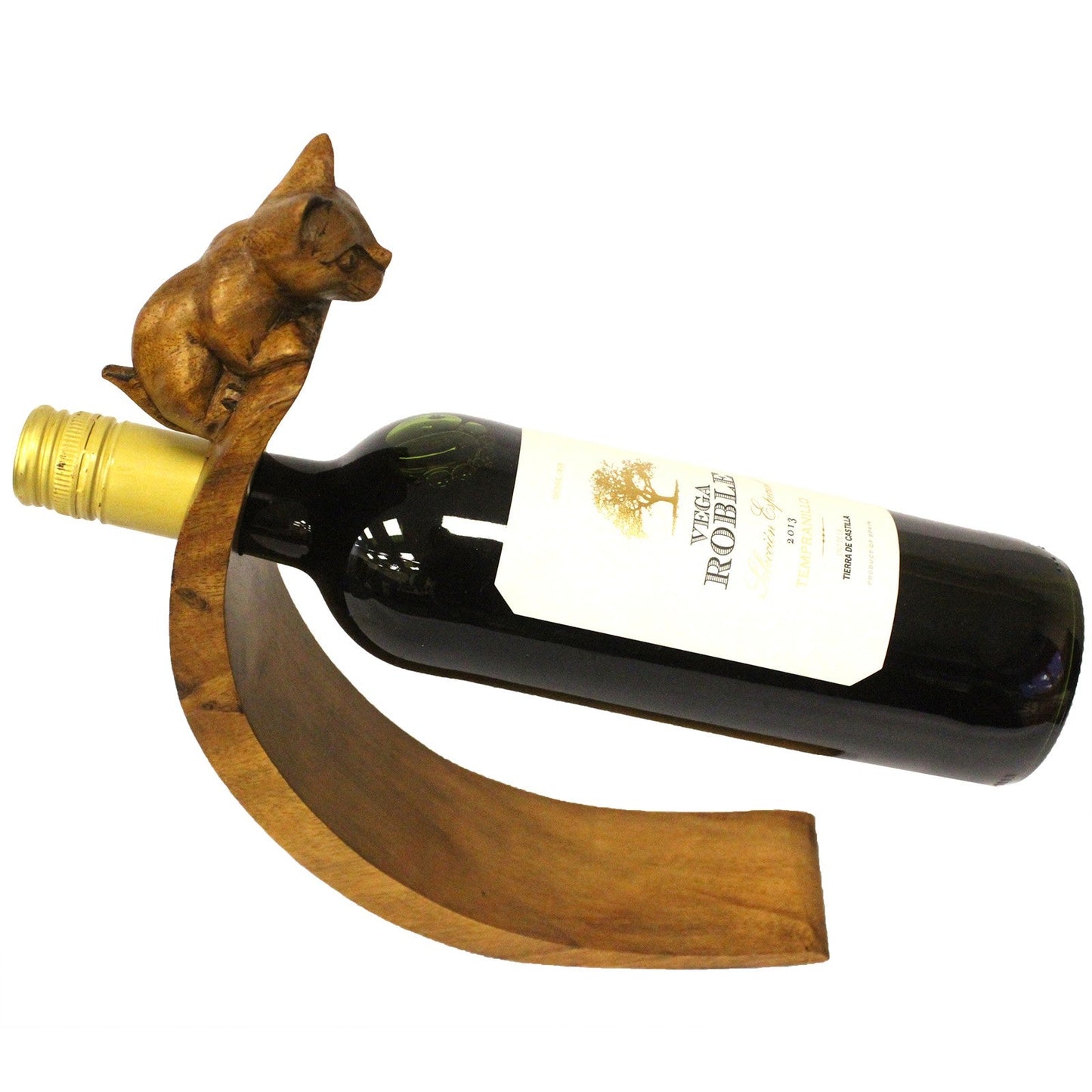 Cat - Handmade High Quality Suar Wood Balancing Animal Wine Bottle Holder product packaging on clean background from Quintessential Holistic Health Ltd