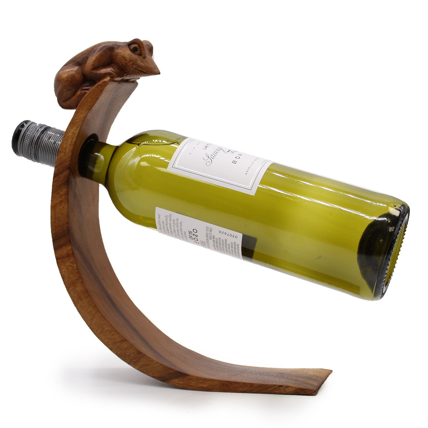 Frog - Handmade High Quality Suar Wood Balancing Animal Wine Bottle Holder product packaging on clean background from Quintessential Holistic Health Ltd
