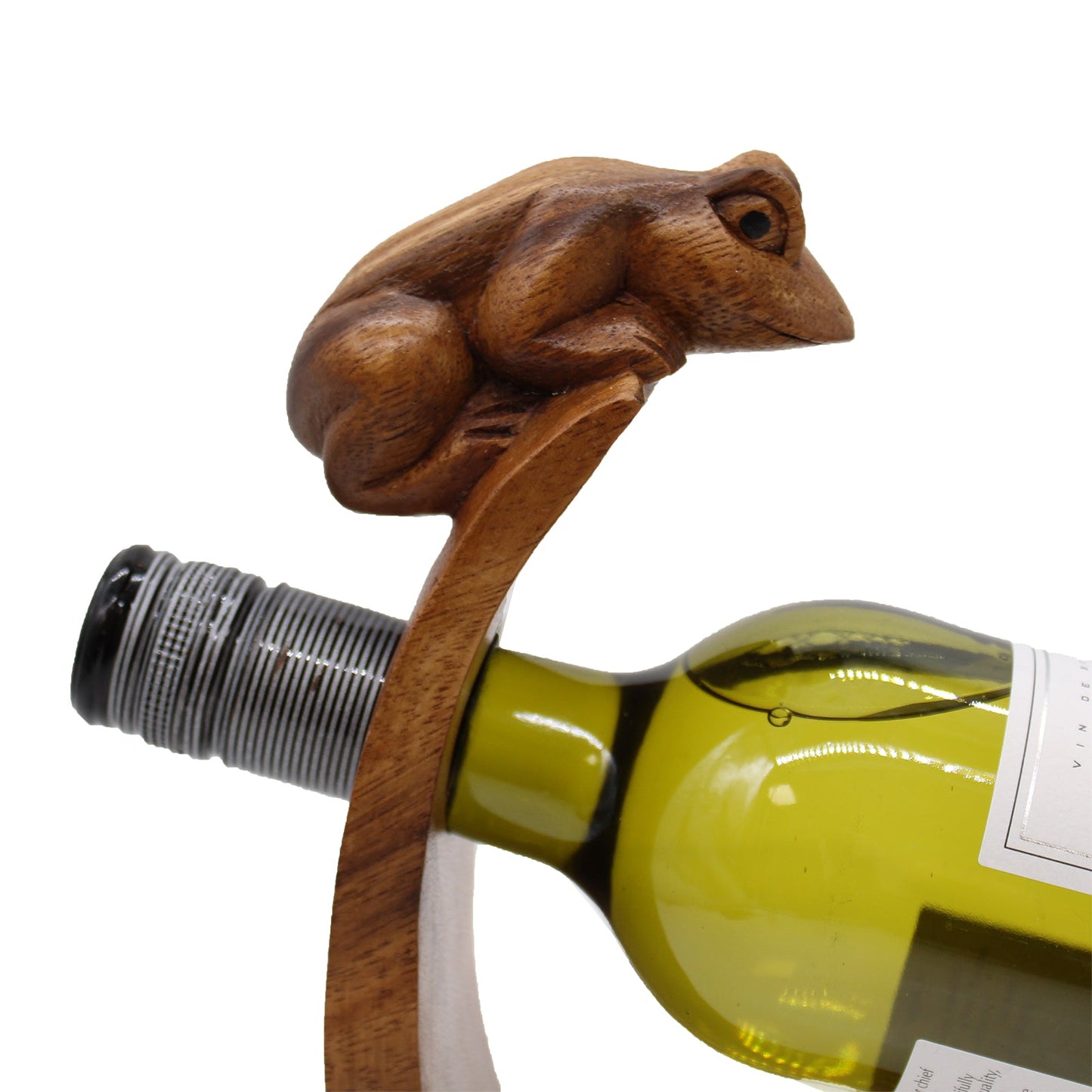 Frog - Handmade High Quality Suar Wood Balancing Animal Wine Bottle Holder product packaging on clean background from Quintessential Holistic Health Ltd