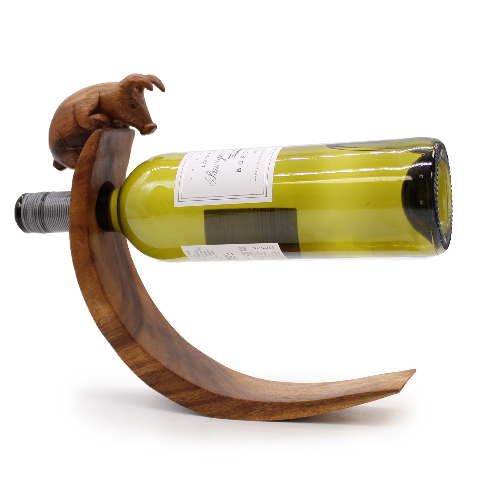 Pig - Handmade High Quality Suar Wood Balancing Animal Wine Bottle Holder product packaging on clean background from Quintessential Holistic Health Ltd