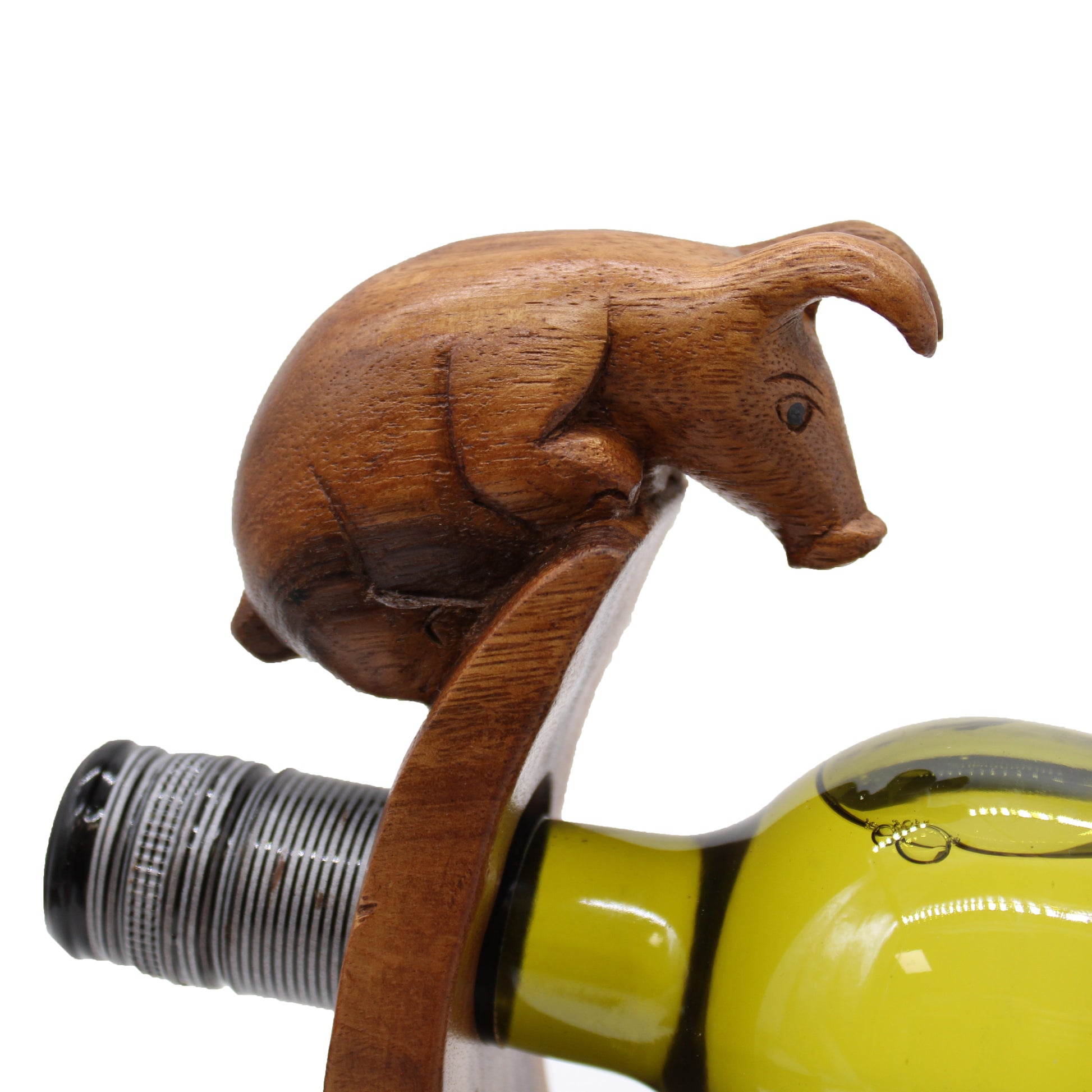 Pig - Handmade High Quality Suar Wood Balancing Animal Wine Bottle Holder product packaging on clean background from Quintessential Holistic Health Ltd