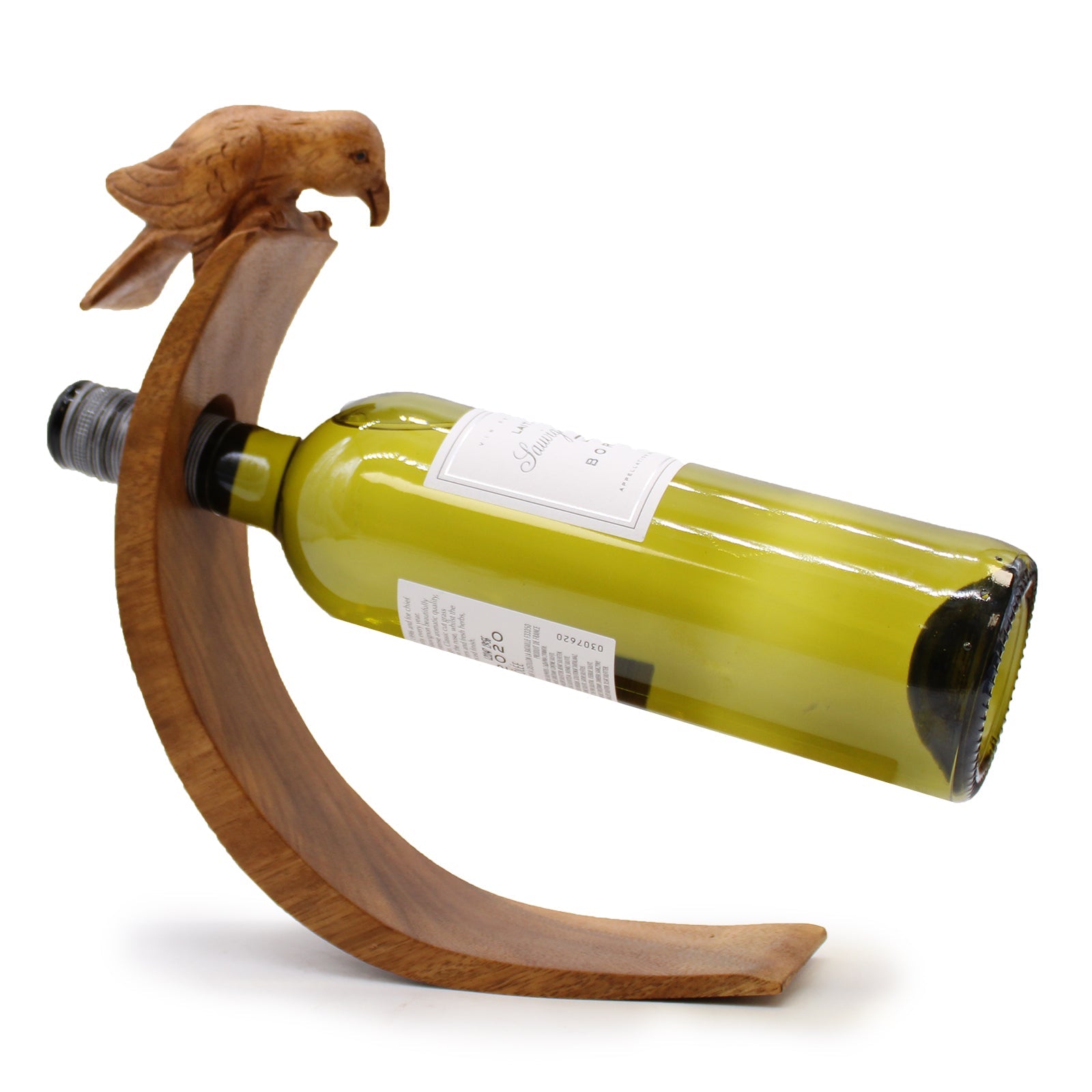 Bird - Handmade High Quality Suar Wood Balancing Animal Wine Bottle Holder product packaging on clean background from Quintessential Holistic Health Ltd