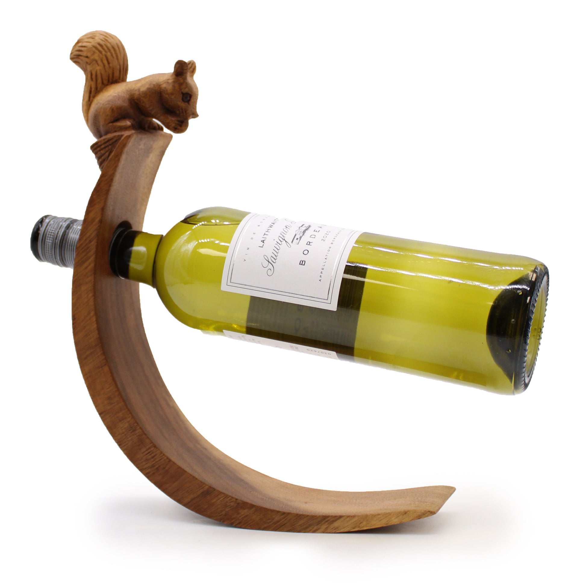 Squirrel - Handmade High Quality Suar Wood Balancing Animal Wine Bottle Holder product packaging on clean background from Quintessential Holistic Health Ltd