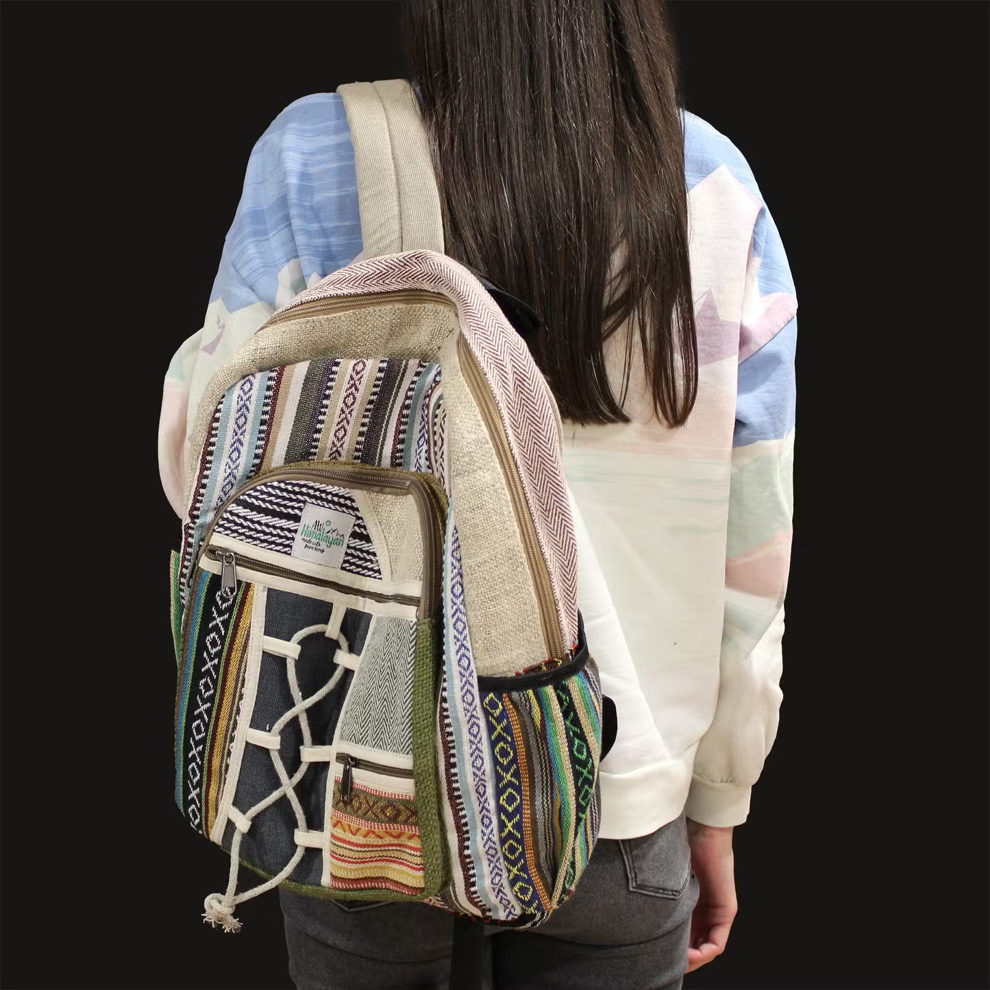 Eco-Friendly Hemp and Cotton Backpack - Rope and Pockets / Random Colour / Large