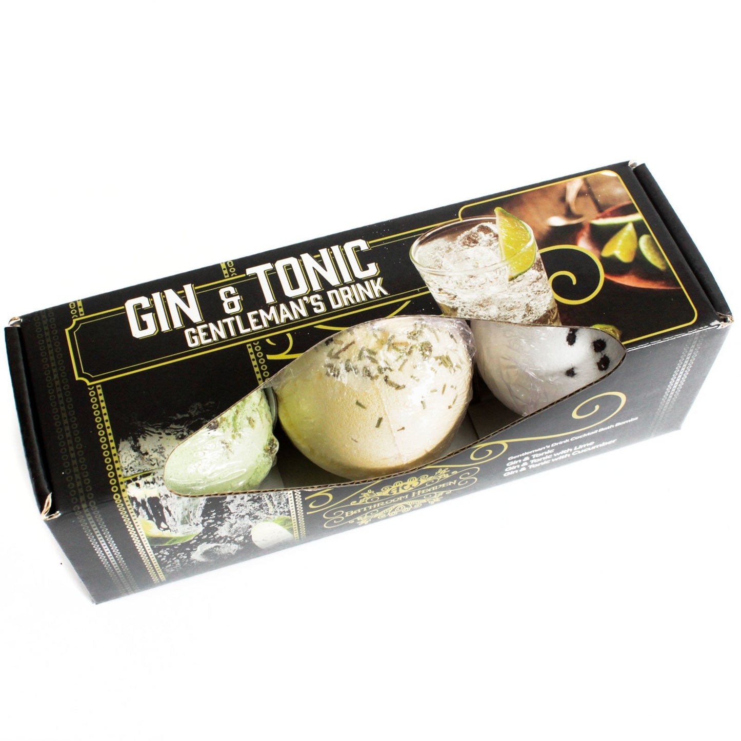 Set of Three Cocktail Bath Bombs - Gin and Tonic, black box with three pale spheres visible through the window by Quintessential Holistic Health Ltd