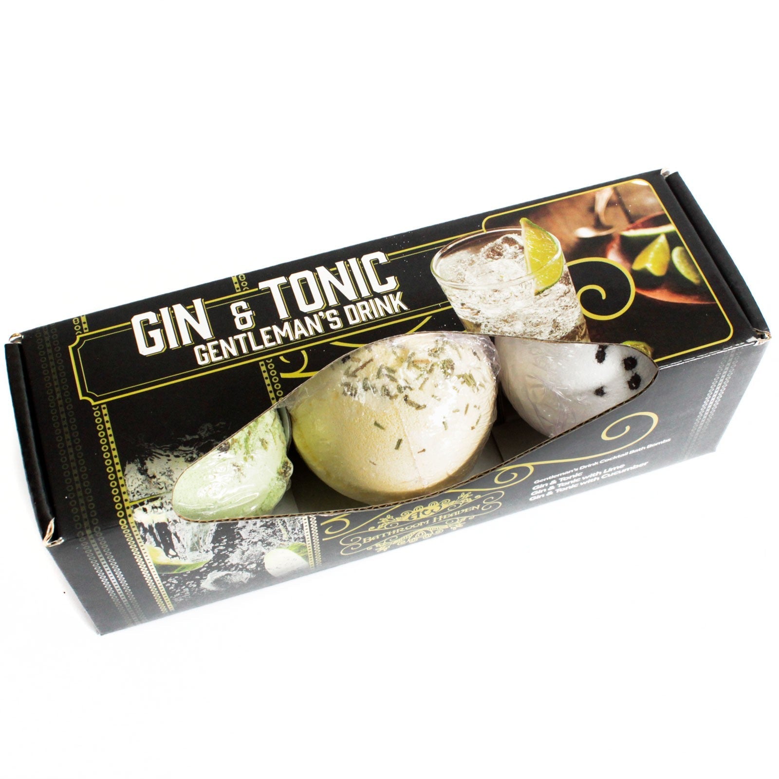 Set of Three Cocktail Bath Bombs - Gin and Tonic, black box with three pale spheres visible through the window by Quintessential Holistic Health Ltd
