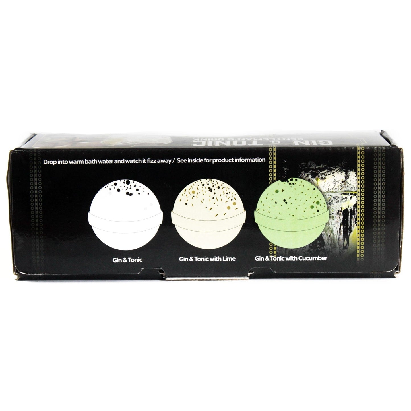 Set of Three Cocktail Bath Bombs - Gin and Tonic, black box illustrated with white, pale yellow and green spheres by Quintessential Holistic Health Ltd