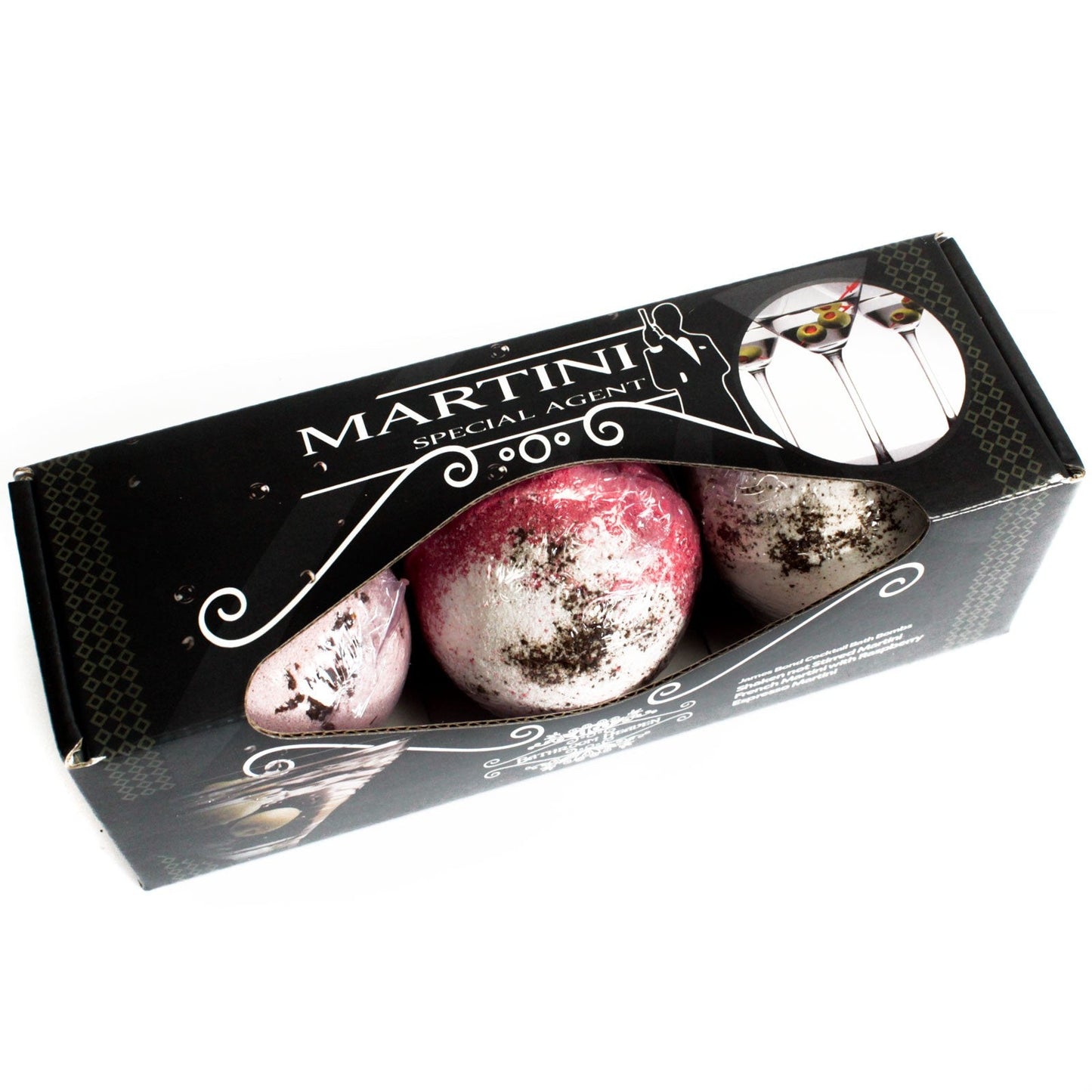 Set of Three Cocktail Bath Bombs - Martini, black Martini box with three spheres visible through the window by Quintessential Holistic Health Ltd