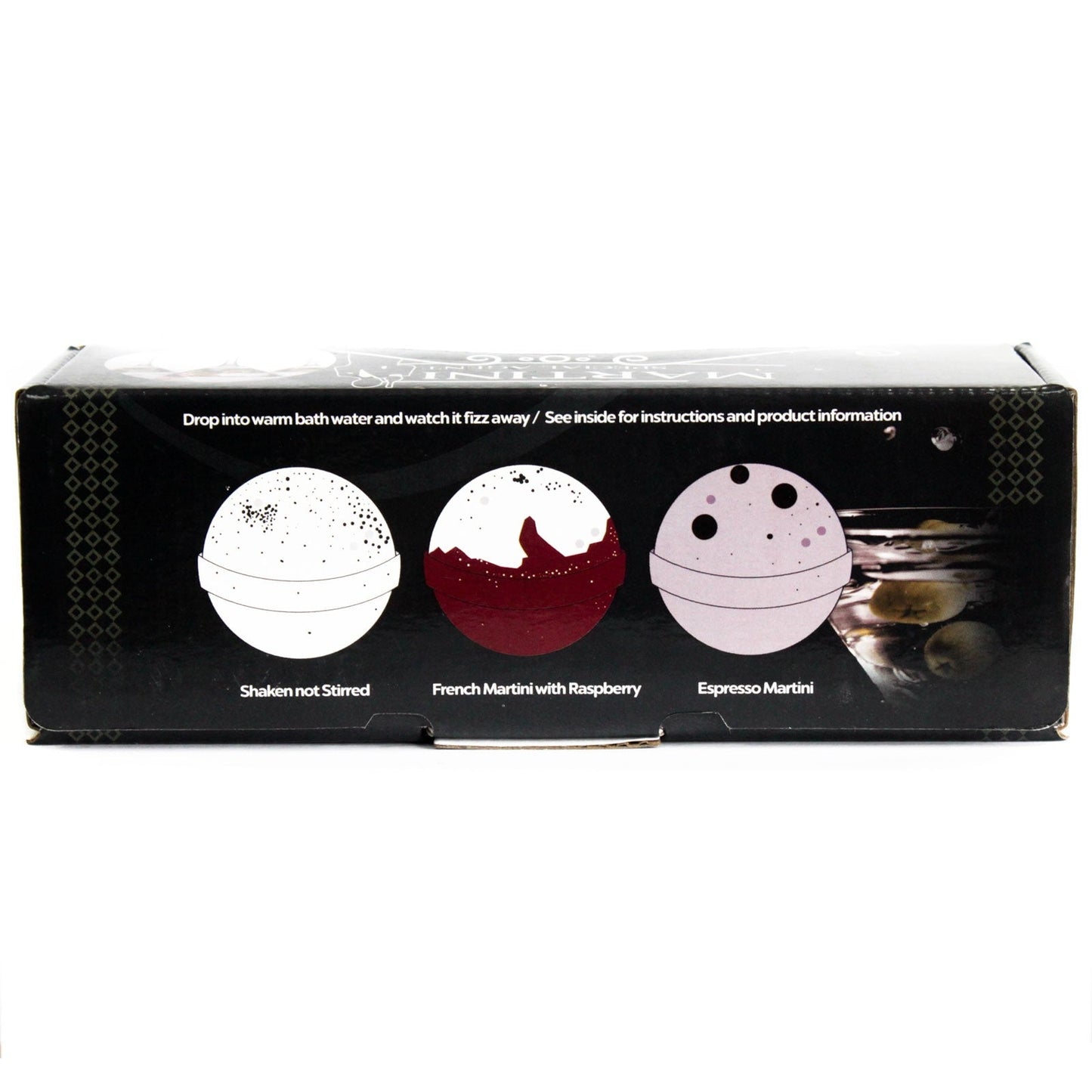 Set of Three Cocktail Bath Bombs - Martini, black box illustrated with white, red and pale pink spheres by Quintessential Holistic Health Ltd