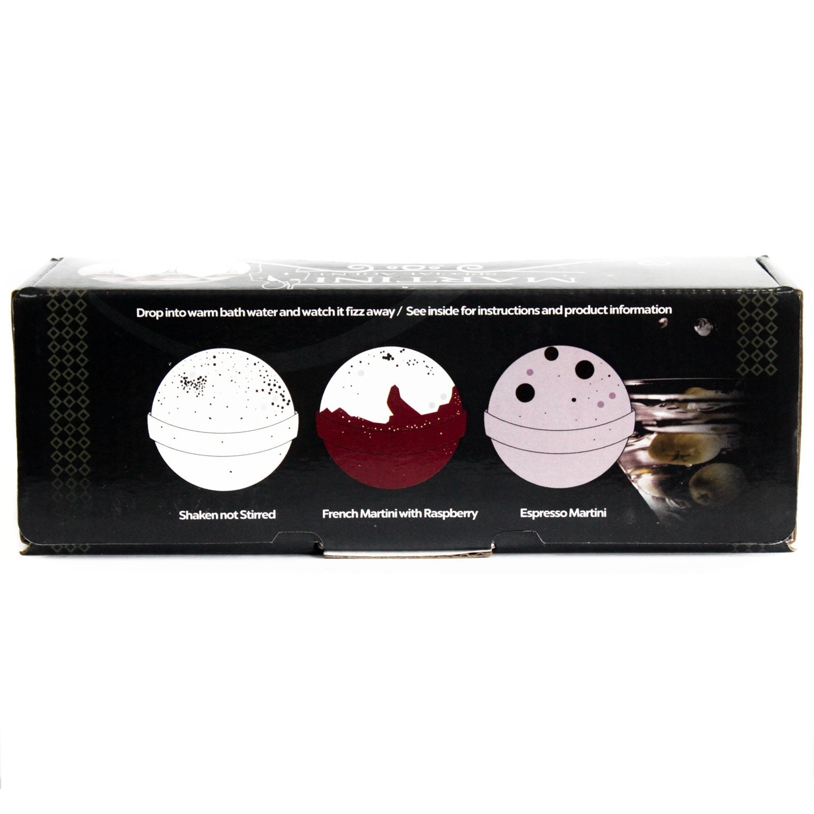 Set of Three Cocktail Bath Bombs - Martini, black box illustrated with white, red and pale pink spheres by Quintessential Holistic Health Ltd