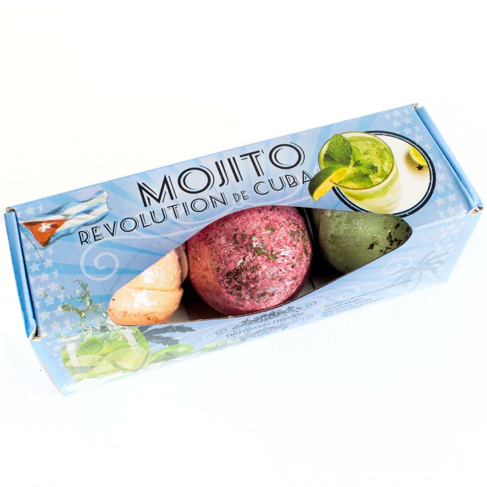 Set of Three Cocktail Bath Bombs - Mojito, pale blue box with orange, pink and green spheres visible by Quintessential Holistic Health Ltd