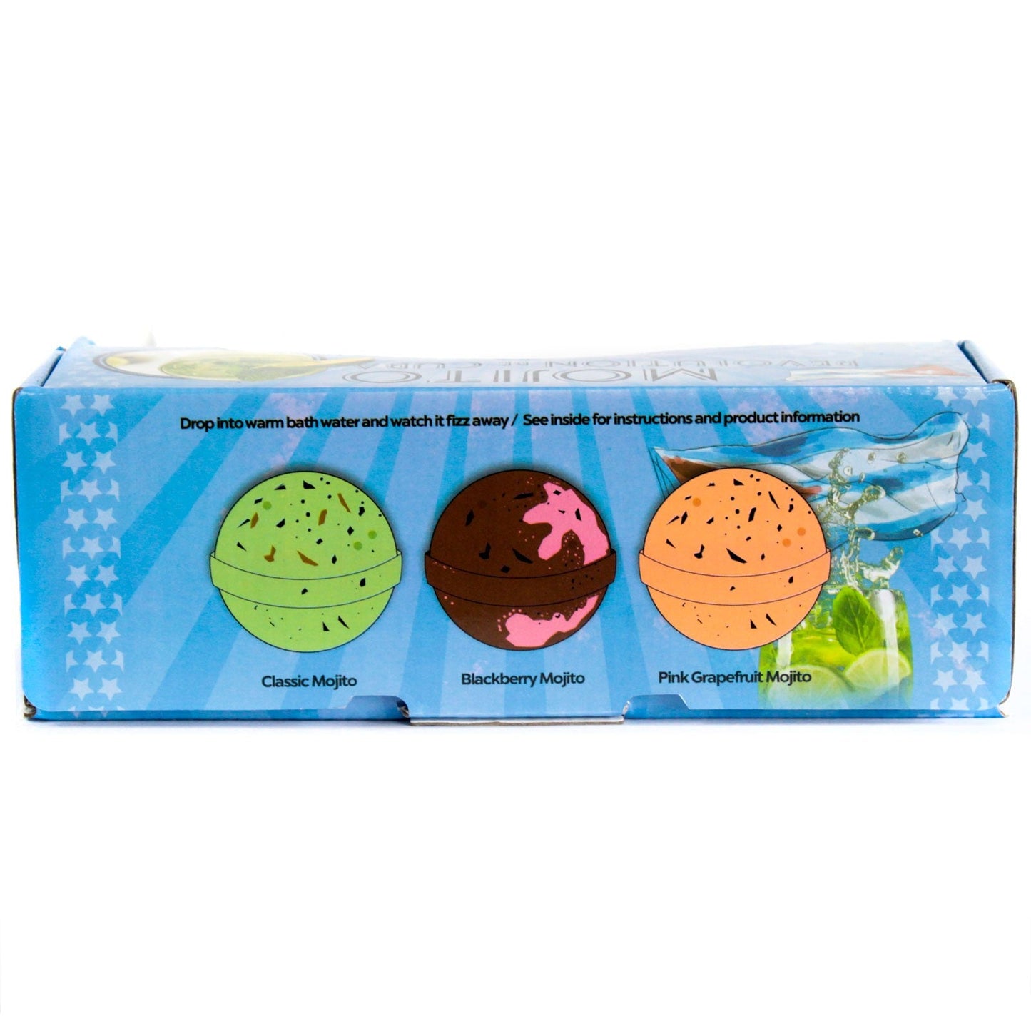 Set of Three Cocktail Bath Bombs - Mojito, blue box illustrated with green, pink and orange spheres by Quintessential Holistic Health Ltd