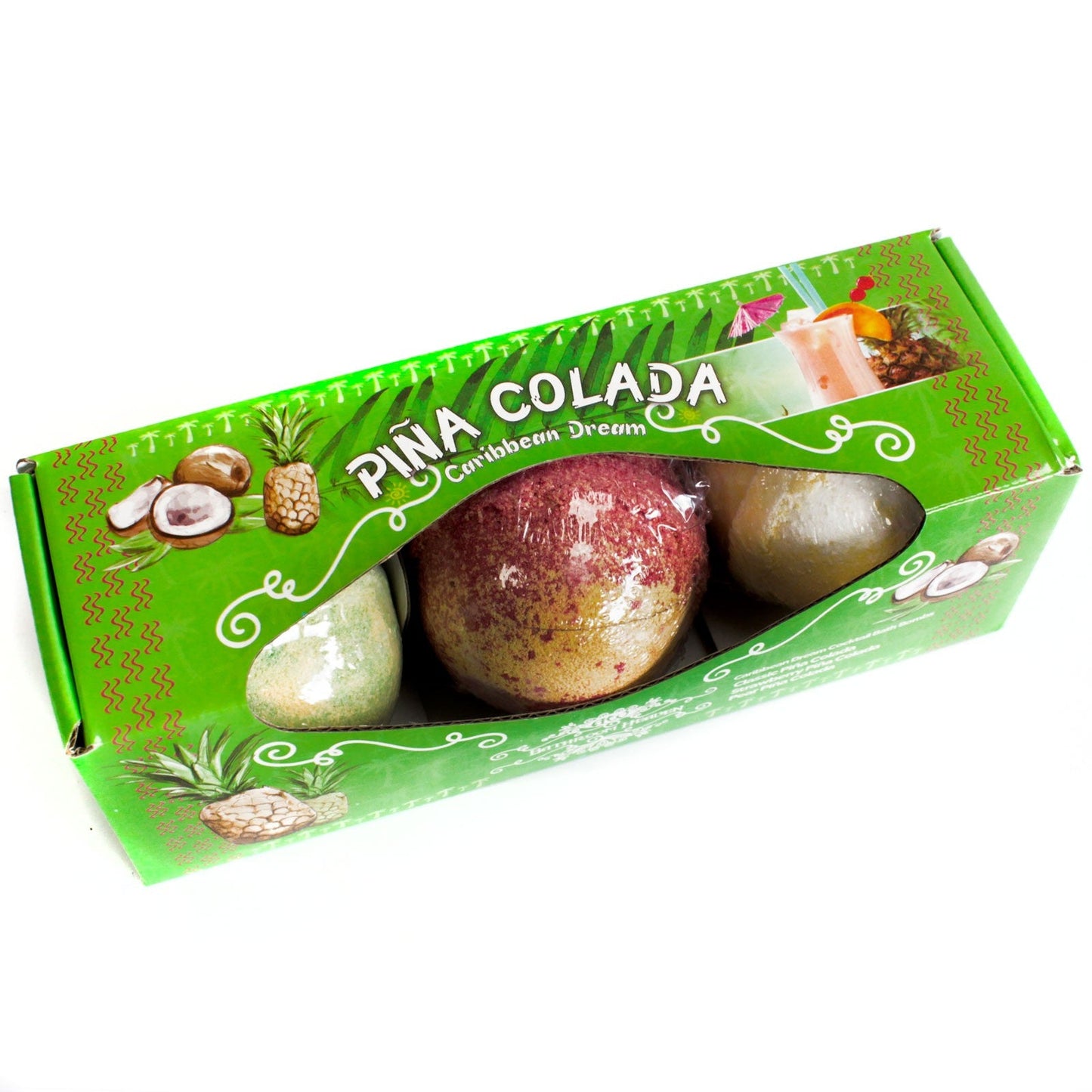 Set of Three Cocktail Bath Bombs - Piña Colada, bright green box with three differently coloured spheres visible by Quintessential Holistic Health Ltd
